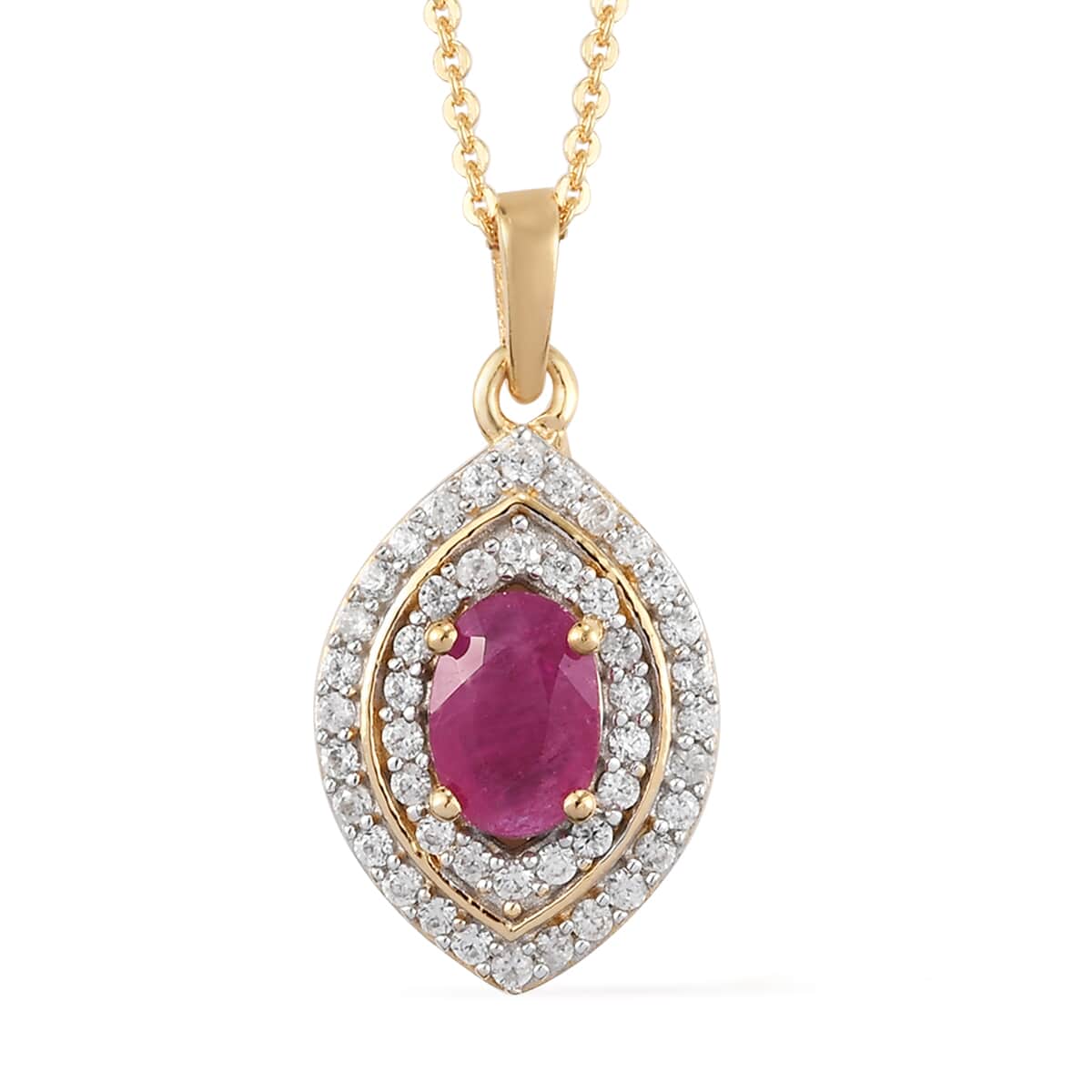 Premium Mozambique Ruby and Natural White Zircon Marquise Shape Double Halo Pendant Necklace 20 Inches in Vermeil YG Over Sterling Silver 1.55 ctw image number 0