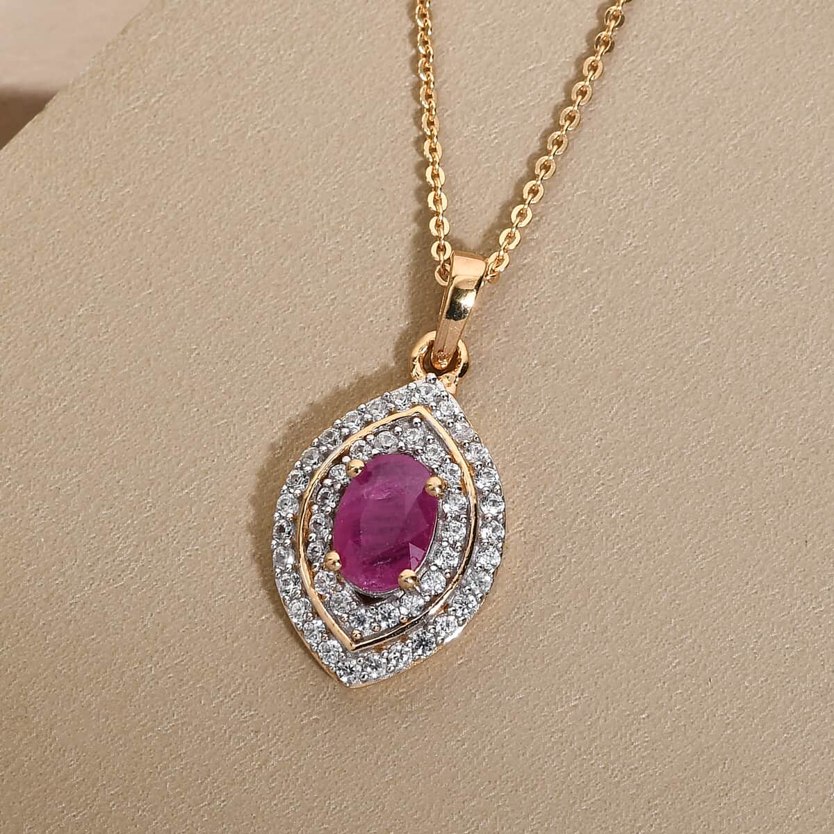 Premium Mozambique Ruby and Natural White Zircon Marquise Shape Double Halo Pendant Necklace 20 Inches in Vermeil YG Over Sterling Silver 1.55 ctw image number 1