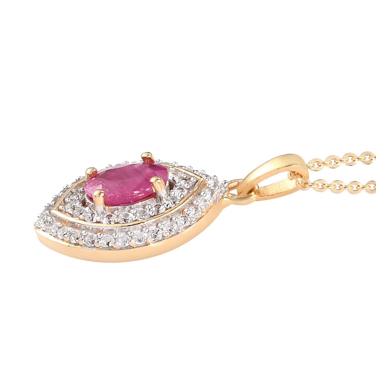 Premium Mozambique Ruby and Natural White Zircon Marquise Shape Double Halo Pendant Necklace 20 Inches in Vermeil YG Over Sterling Silver 1.55 ctw image number 3