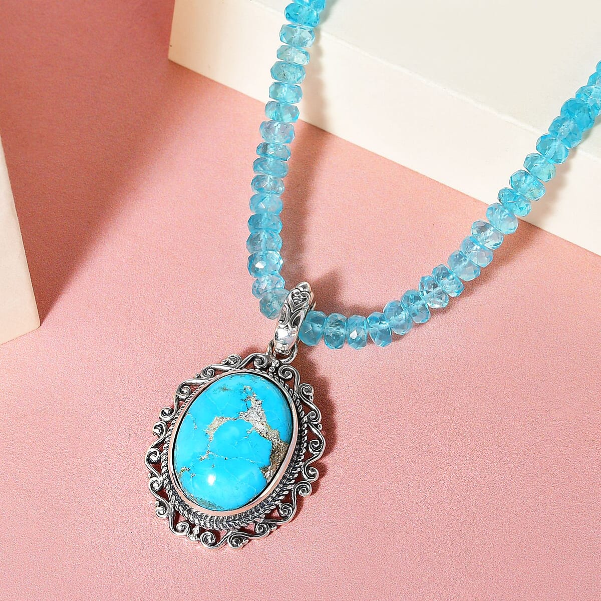 Artisan Crafted South Hill Turquoise Pendant with Apatite Beaded Necklace 20 Inches in Sterling Silver 84.50 ctw image number 1