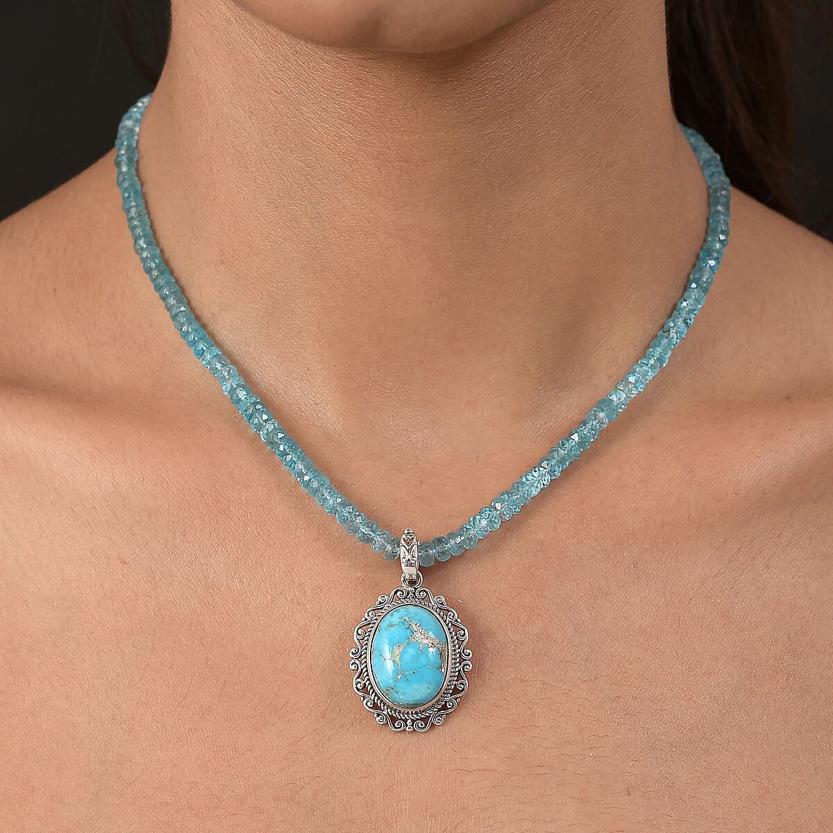 Artisan Crafted South Hill Turquoise Pendant with Apatite Beaded Necklace 20 Inches in Sterling Silver 84.50 ctw image number 2