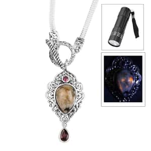 Artisan Crafted Natural Yooperlite and Orissa Rhodolite Garnet Pendant Necklace 20 Inches in Sterling Silver 6.00 ctw with Free UV Flash Light