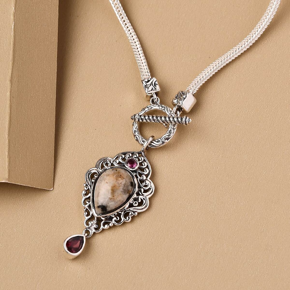 Artisan Crafted Natural Yooperlite and Orissa Rhodolite Garnet Pendant Necklace 20 Inches in Sterling Silver 6.00 ctw with Free UV Flash Light image number 1