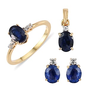 Masoala Sapphire (FF) and White Zircon Earrings, Ring (Size 6.0) and Pendant Box Set in Vermeil Yellow Gold Over Sterling Silver 3.50 ctw