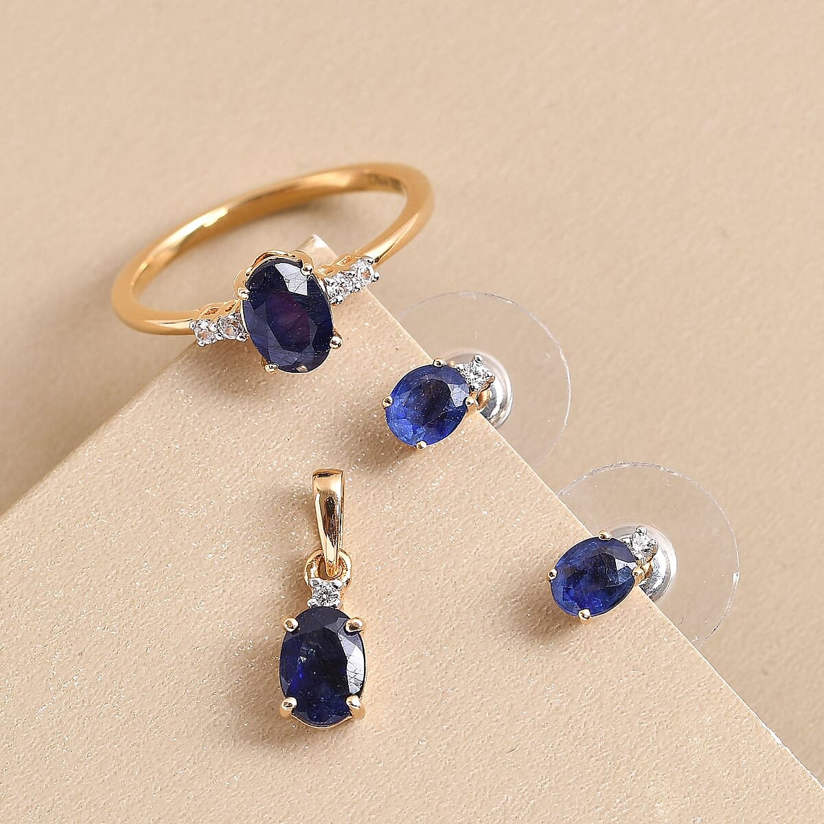 Masoala Sapphire (FF) and White Zircon Earrings, Ring (Size 6.0) and Pendant Box Set in Vermeil Yellow Gold Over Sterling Silver 3.50 ctw image number 1