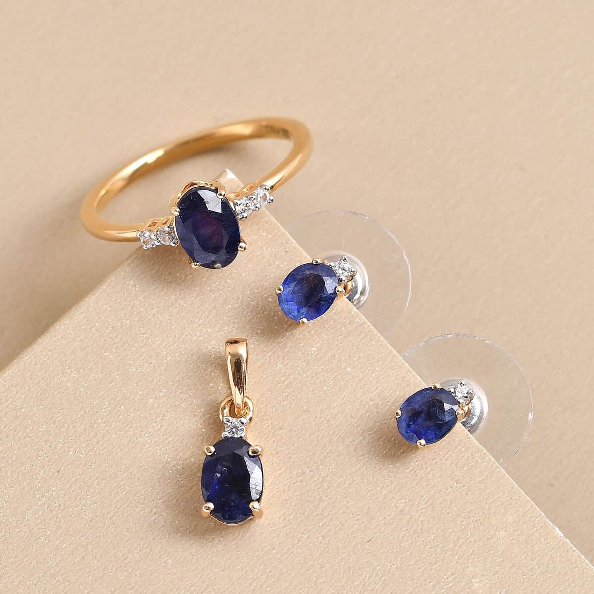 Masoala Sapphire (FF) and Natural White Zircon Earrings, Ring (Size 8.0) and Pendant Box Set in Vermeil Yellow Gold Over Sterling Silver 3.50 ctw image number 1