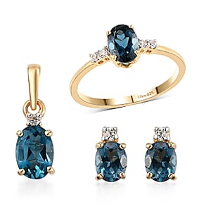 London Blue Topaz and Natural White Zircon Earrings, Ring (Size 6.0) and Pendant Box Set in Vermeil Yellow Gold Over Sterling Silver 3.00 ctw