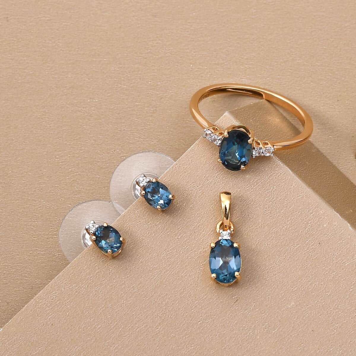 London Blue Topaz and Natural White Zircon Earrings, Ring (Size 6.0) and Pendant Box Set in Vermeil Yellow Gold Over Sterling Silver 3.00 ctw image number 1
