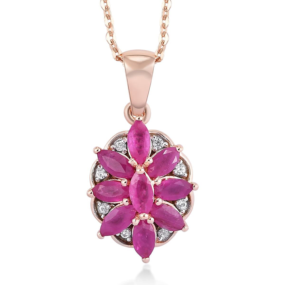 Premium Mozambique Ruby and White Zircon Floral Pendant Necklace 20 Inches in Vermeil Rose Gold Over Sterling Silver 1.50 ctw