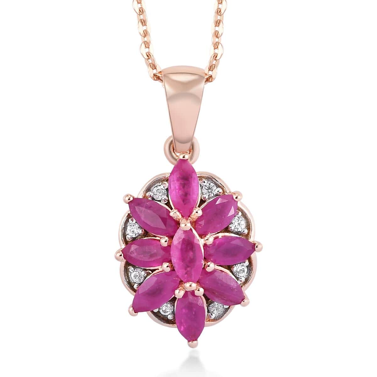 Premium Mozambique Ruby and White Zircon Floral Pendant Necklace 20 Inches in Vermeil Rose Gold Over Sterling Silver 1.50 ctw image number 0