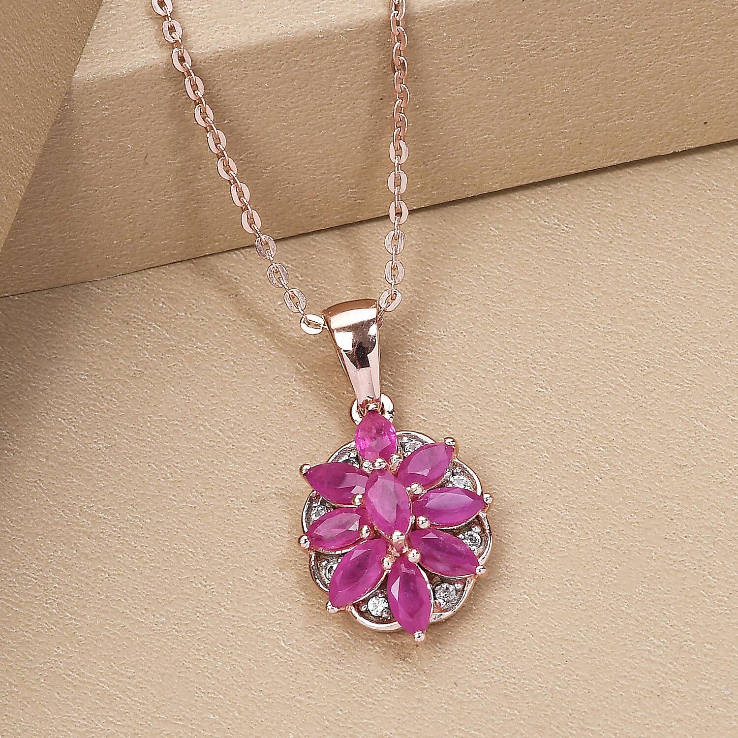Premium Mozambique Ruby and White Zircon Floral Pendant Necklace 20 Inches in Vermeil Rose Gold Over Sterling Silver 1.50 ctw