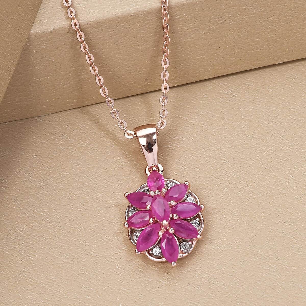 Premium Mozambique Ruby and White Zircon Floral Pendant Necklace 20 Inches in Vermeil Rose Gold Over Sterling Silver 1.50 ctw image number 1