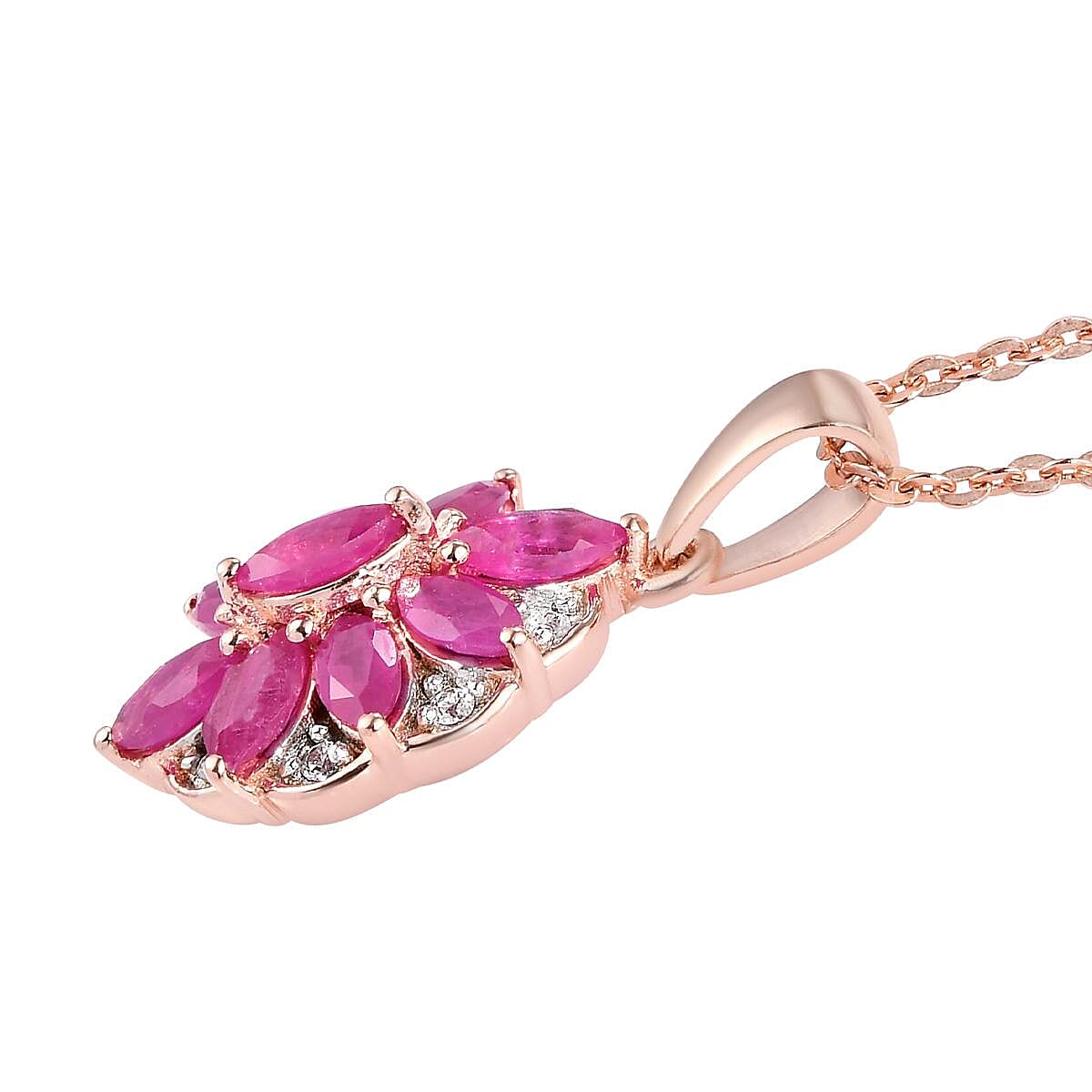 Premium Mozambique Ruby and White Zircon Floral Pendant Necklace 20 Inches in Vermeil Rose Gold Over Sterling Silver 1.50 ctw