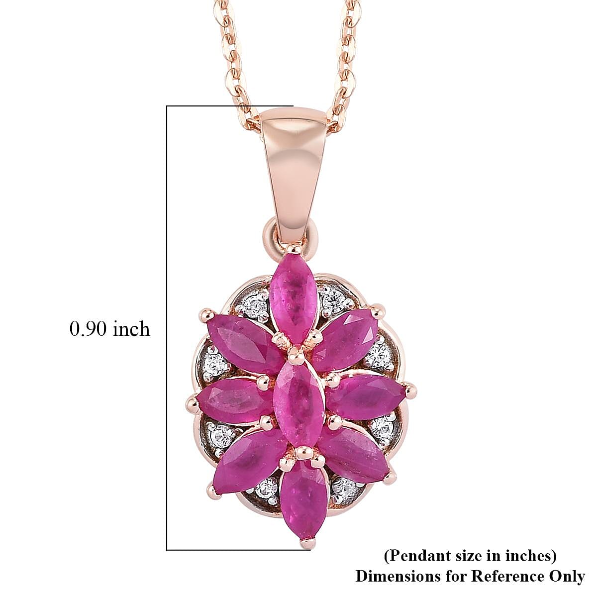 Premium Mozambique Ruby and White Zircon Floral Pendant Necklace 20 Inches in Vermeil Rose Gold Over Sterling Silver 1.50 ctw