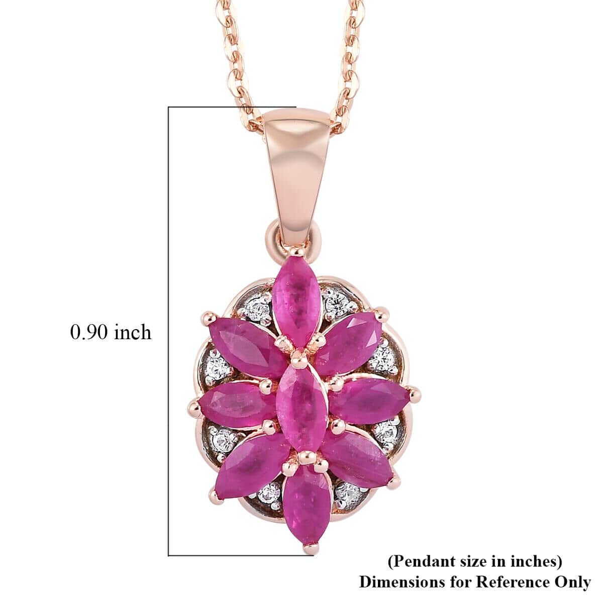 Premium Mozambique Ruby and White Zircon Floral Pendant Necklace 20 Inches in Vermeil Rose Gold Over Sterling Silver 1.50 ctw image number 6