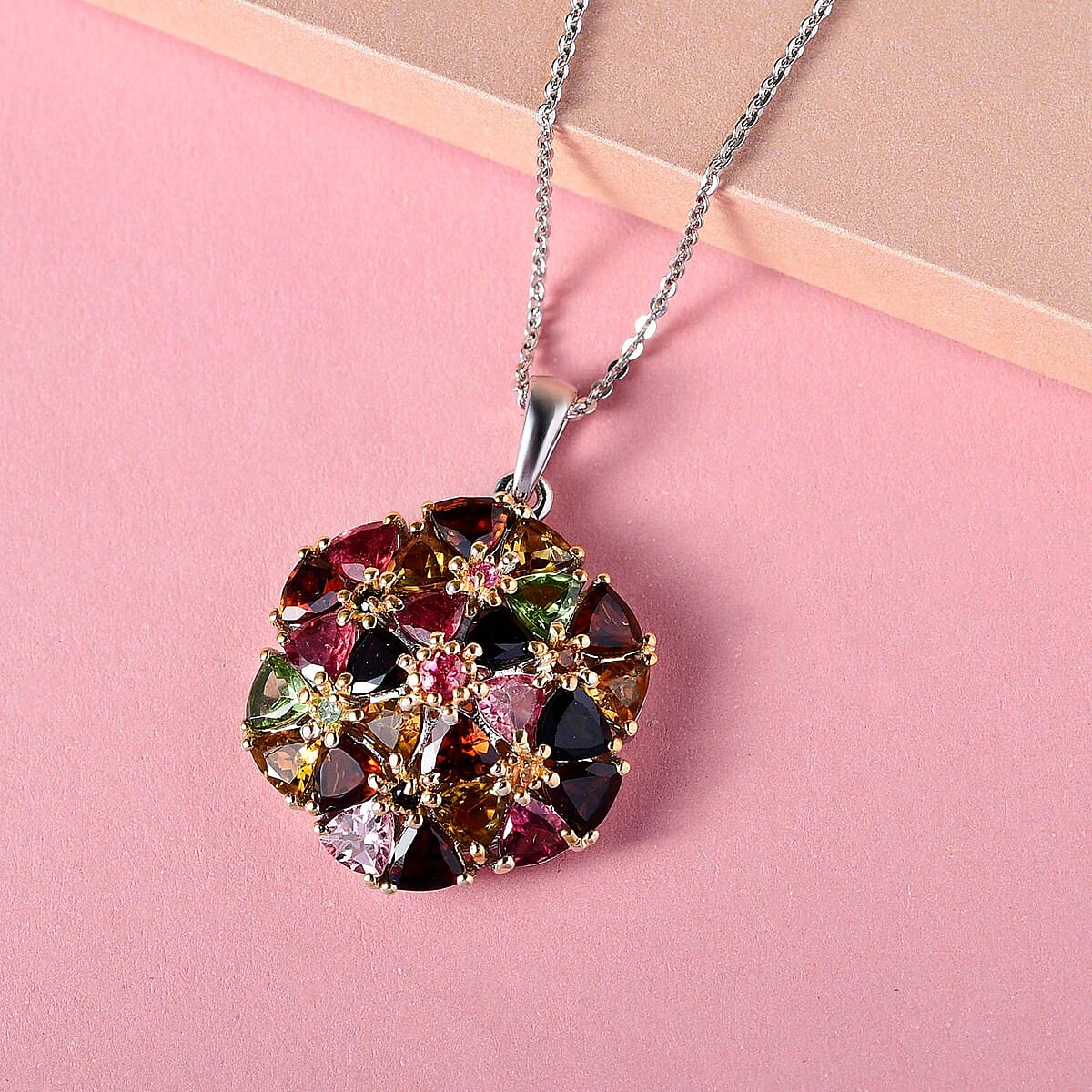 Multi-Tourmaline Cluster Pendant Necklace 20 Inches in 14K Yellow Gold and Platinum Over Sterling Silver 5.15 ctw image number 1