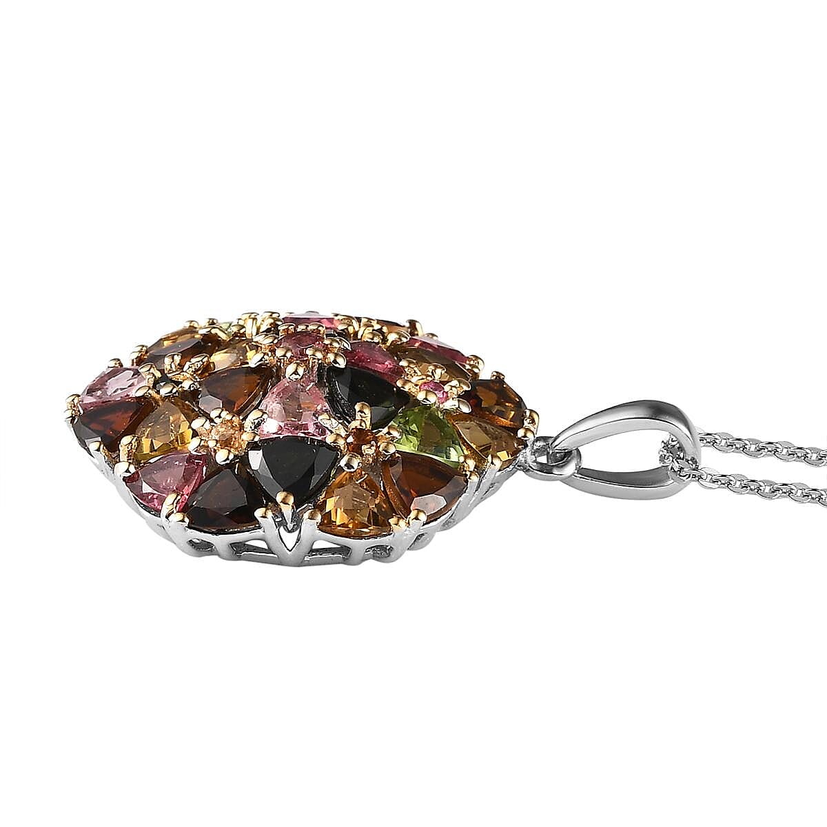 Multi-Tourmaline Cluster Pendant Necklace 20 Inches in 14K Yellow Gold and Platinum Over Sterling Silver 5.15 ctw image number 3