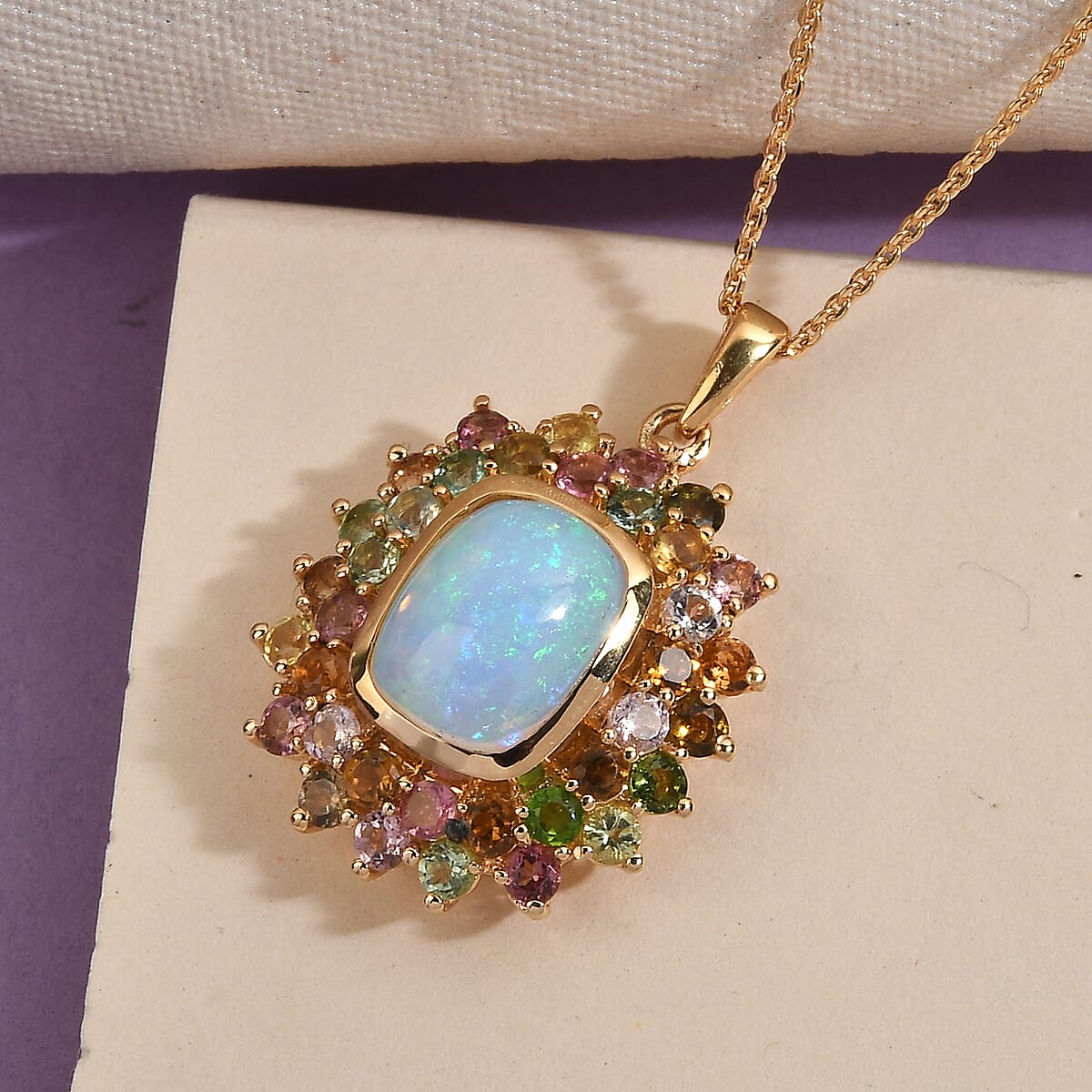 Premium Ethiopian Welo Opal and Multi-Tourmaline Floral Pendant Necklace 20 Inches in Vermeil Yellow Gold Over Sterling Silver 3.65 ctw image number 1