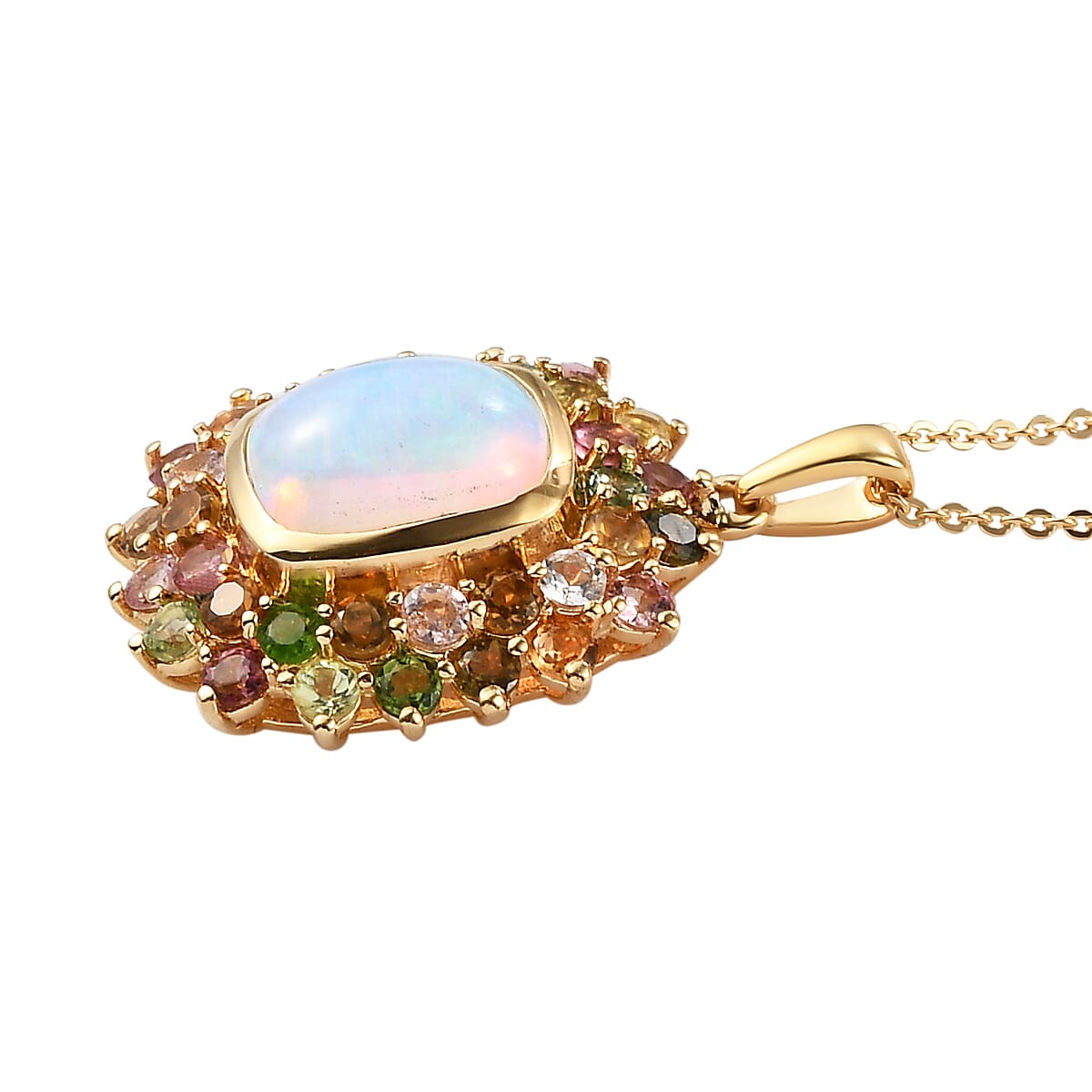 Premium Ethiopian Welo Opal and Multi-Tourmaline Floral Pendant Necklace 20 Inches in Vermeil Yellow Gold Over Sterling Silver 3.65 ctw image number 3