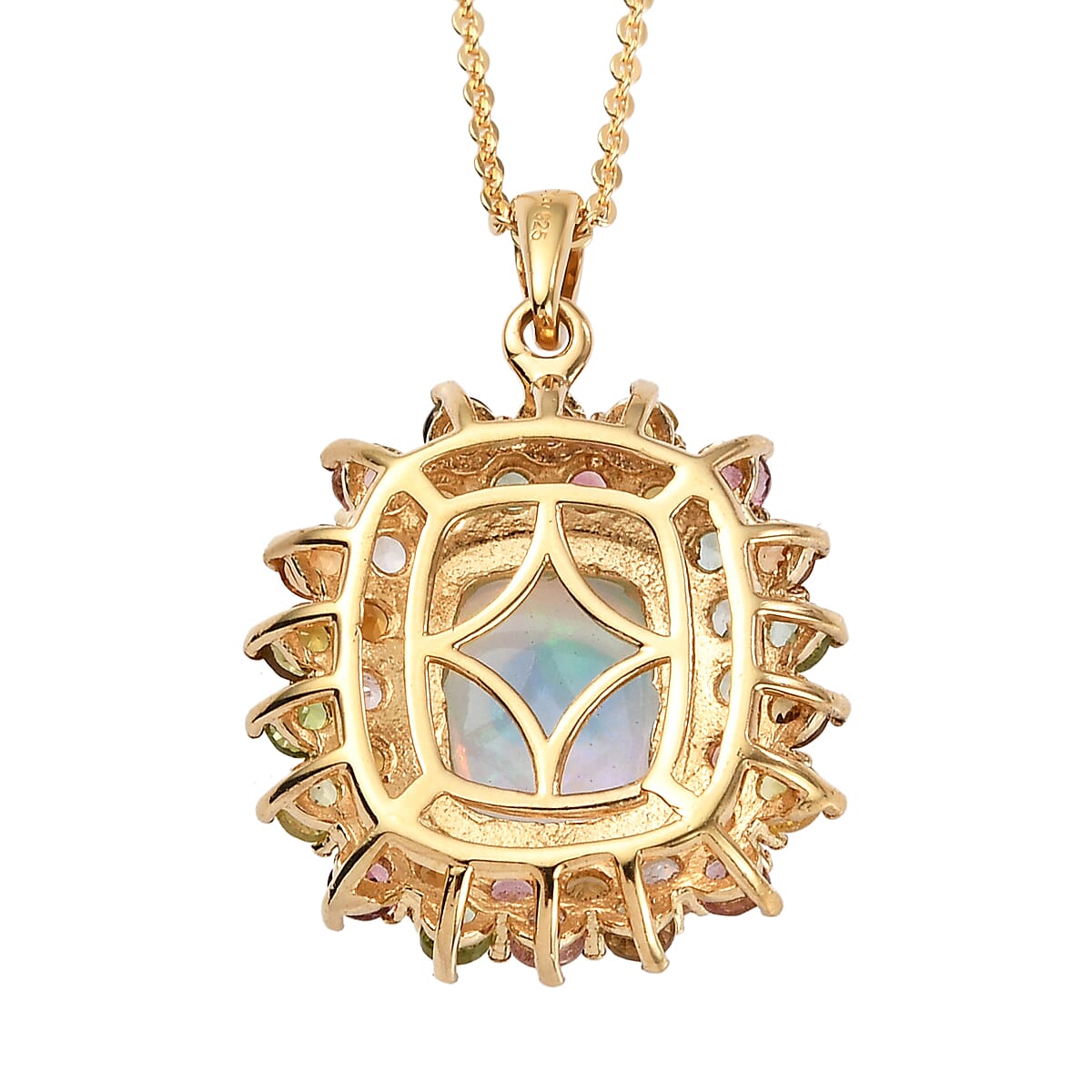 Premium Ethiopian Welo Opal and Multi-Tourmaline Floral Pendant Necklace 20 Inches in Vermeil Yellow Gold Over Sterling Silver 3.65 ctw image number 4