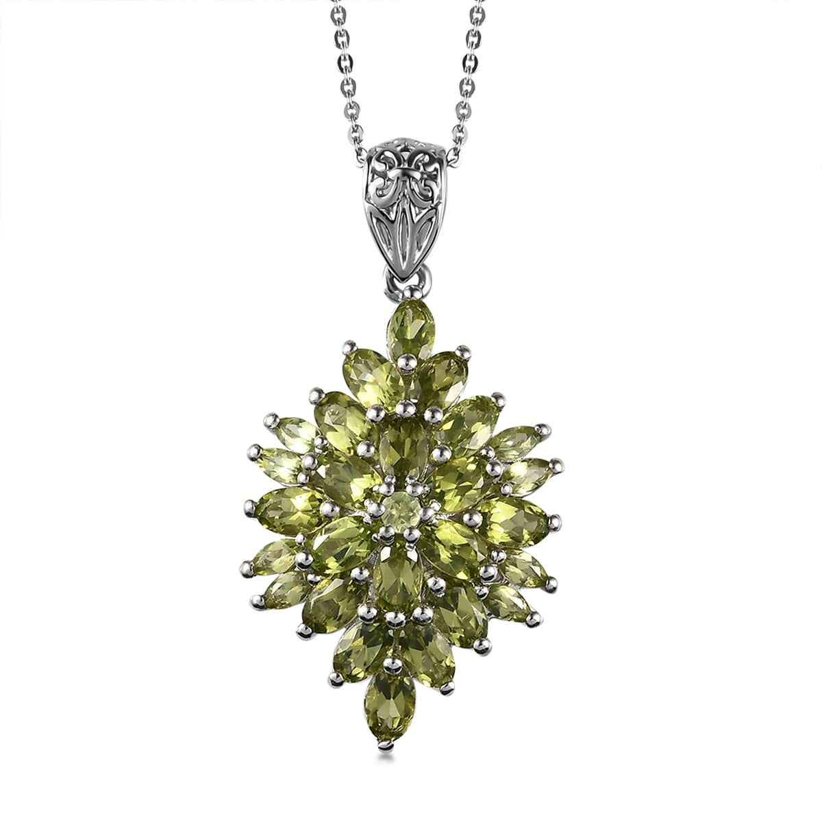 Arizona Peridot Floral Spray Pendant Necklace 20 Inches in Platinum Over Sterling Silver 5.40 ctw image number 0