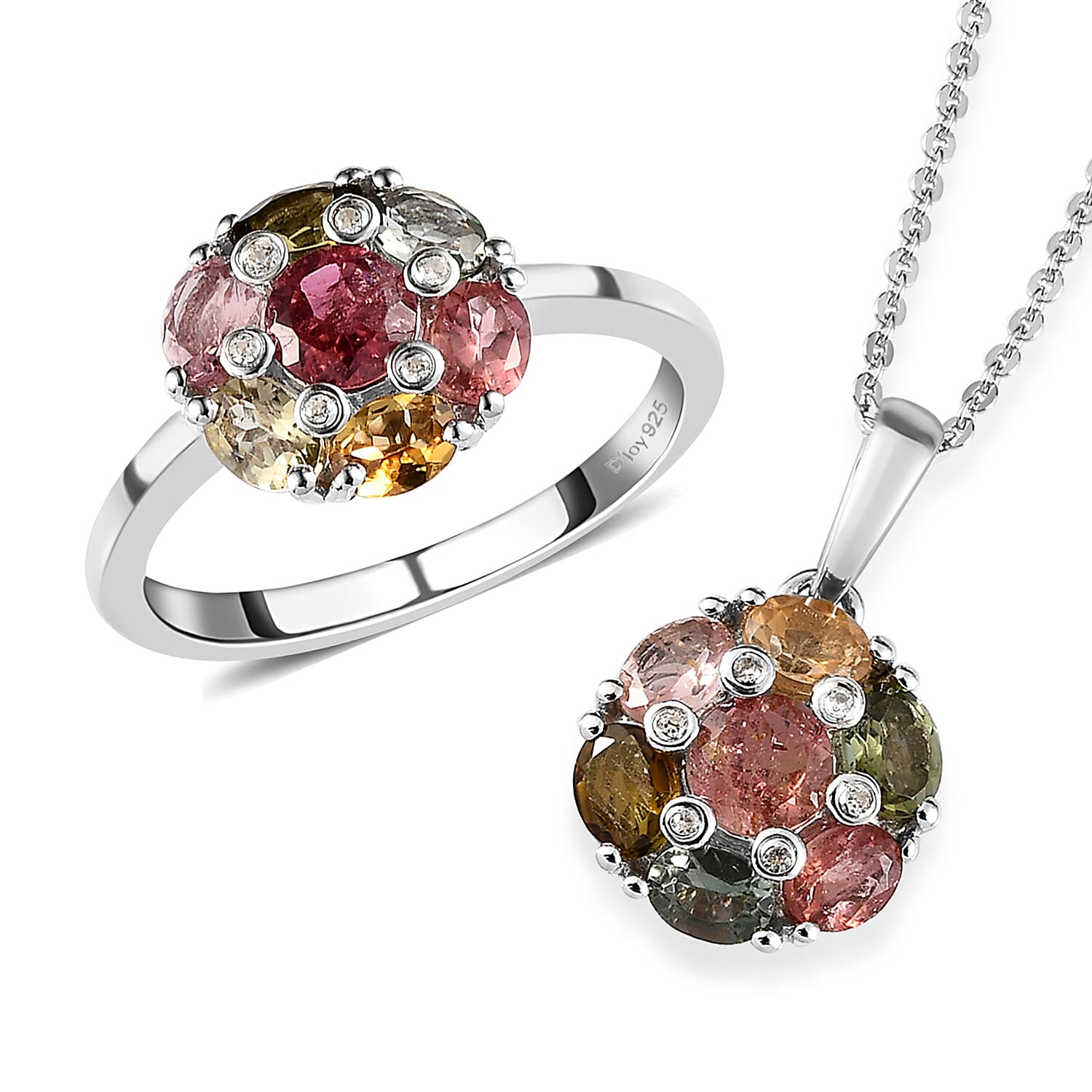 Multi-Tourmaline and White Zircon Floral Ring (Size 10.0) and Pendant Necklace 20In in Platinum Over Sterling Silver 2.85 ctw