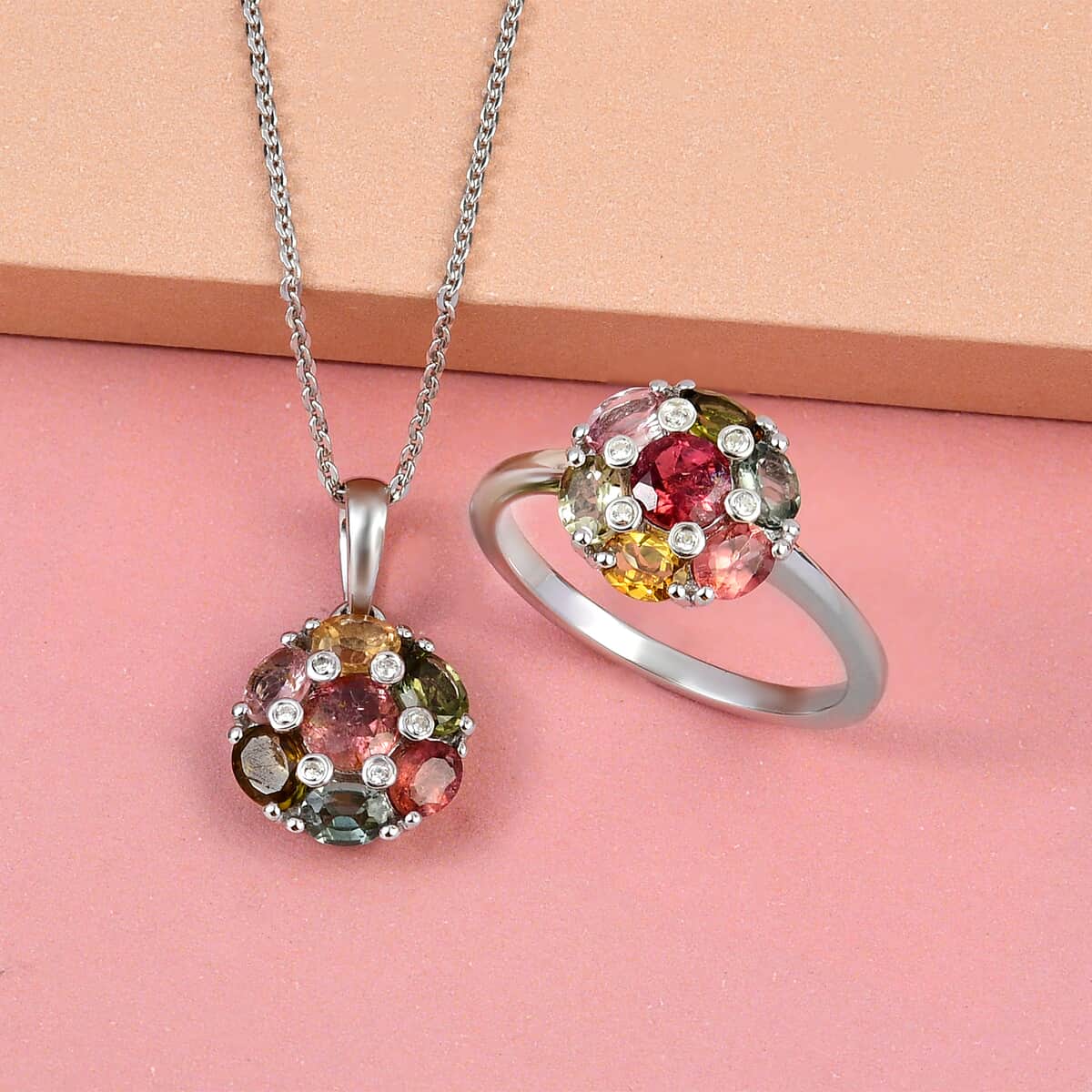 Multi-Tourmaline and Natural White Zircon Floral Ring (Size 7.0) and Floral Pendant Necklace 20 Inches in Platinum Over Sterling Silver 2.85 ctw image number 1