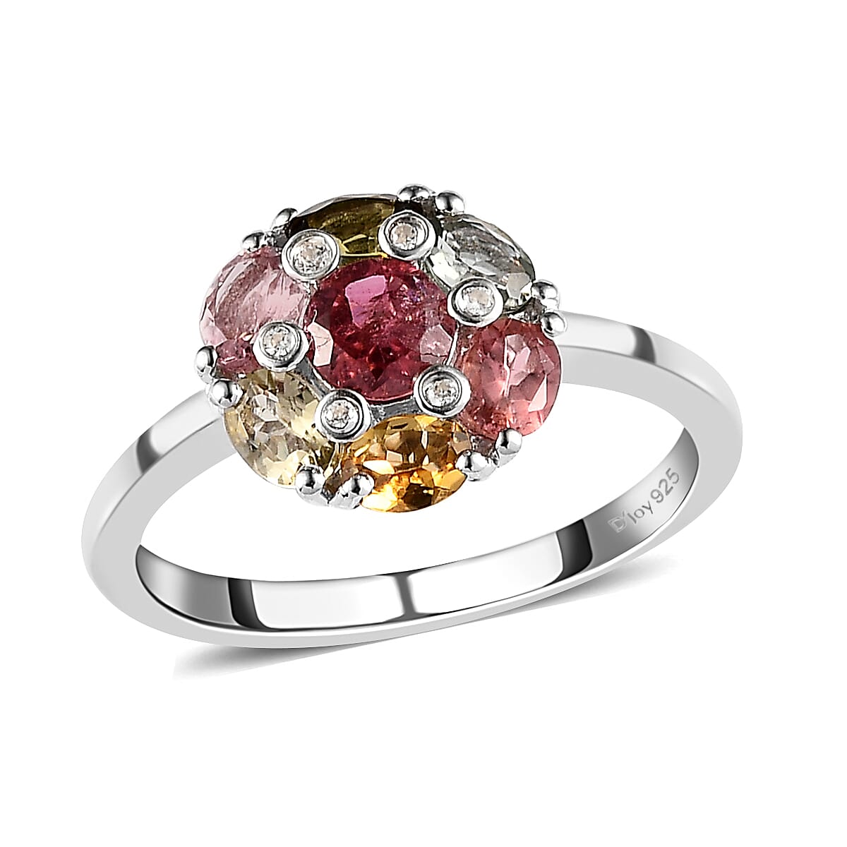 Multi-Tourmaline and White Zircon Floral Ring (Size 10.0) and Pendant Necklace 20In in Platinum Over Sterling Silver 2.85 ctw