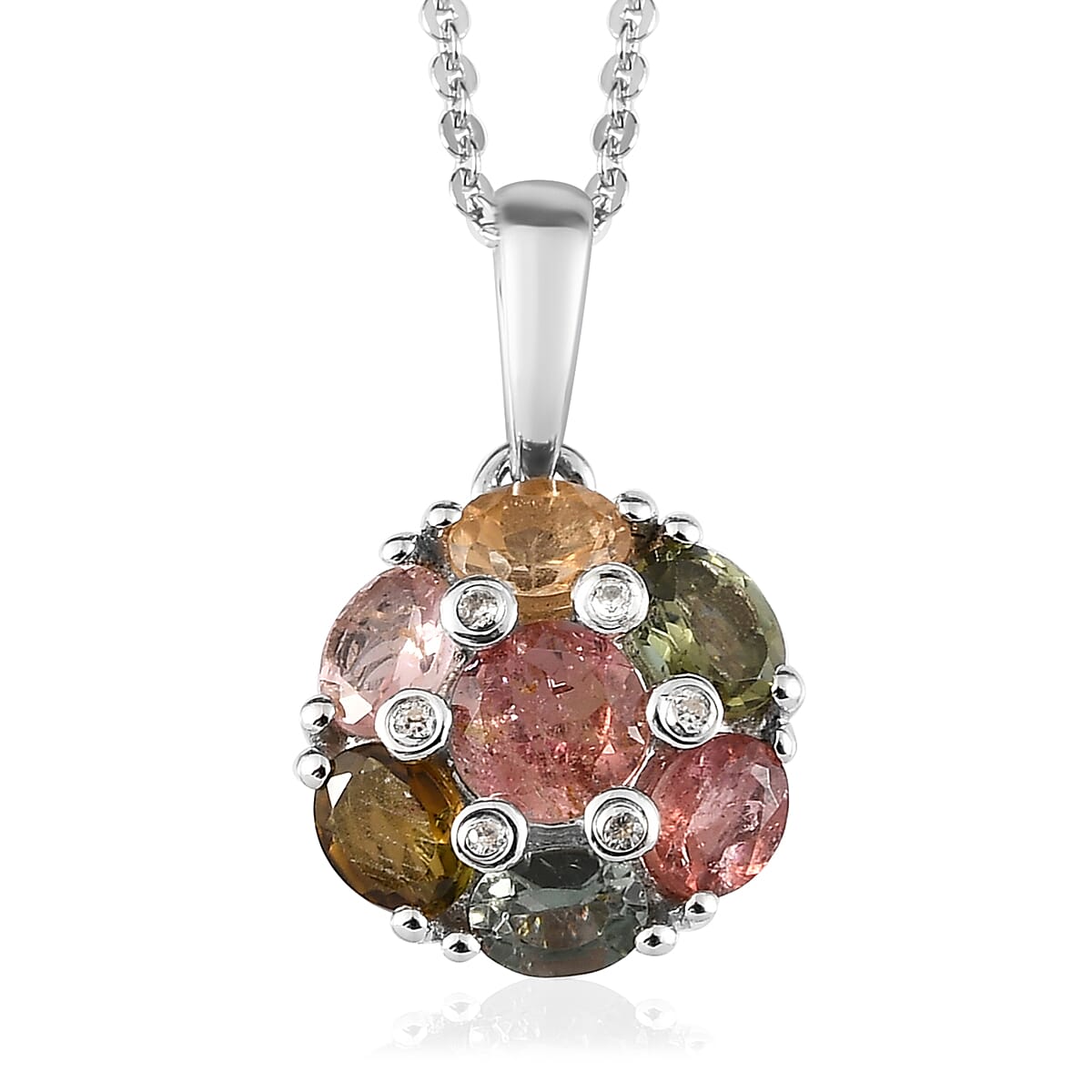 Multi-Tourmaline and White Zircon Floral Ring (Size 10.0) and Pendant Necklace 20In in Platinum Over Sterling Silver 2.85 ctw