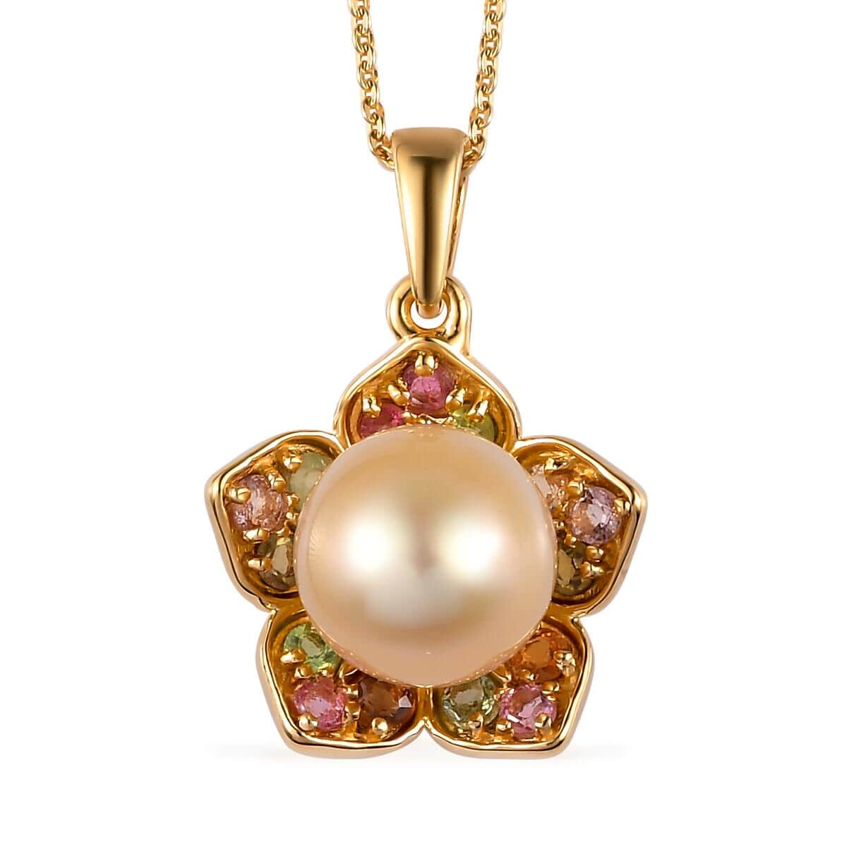 South Sea Pearl and Multi-Tourmaline Floral Pendant Necklace 20 Inches in Vermeil Yellow Gold Over Sterling Silver 0.75 ctw image number 0