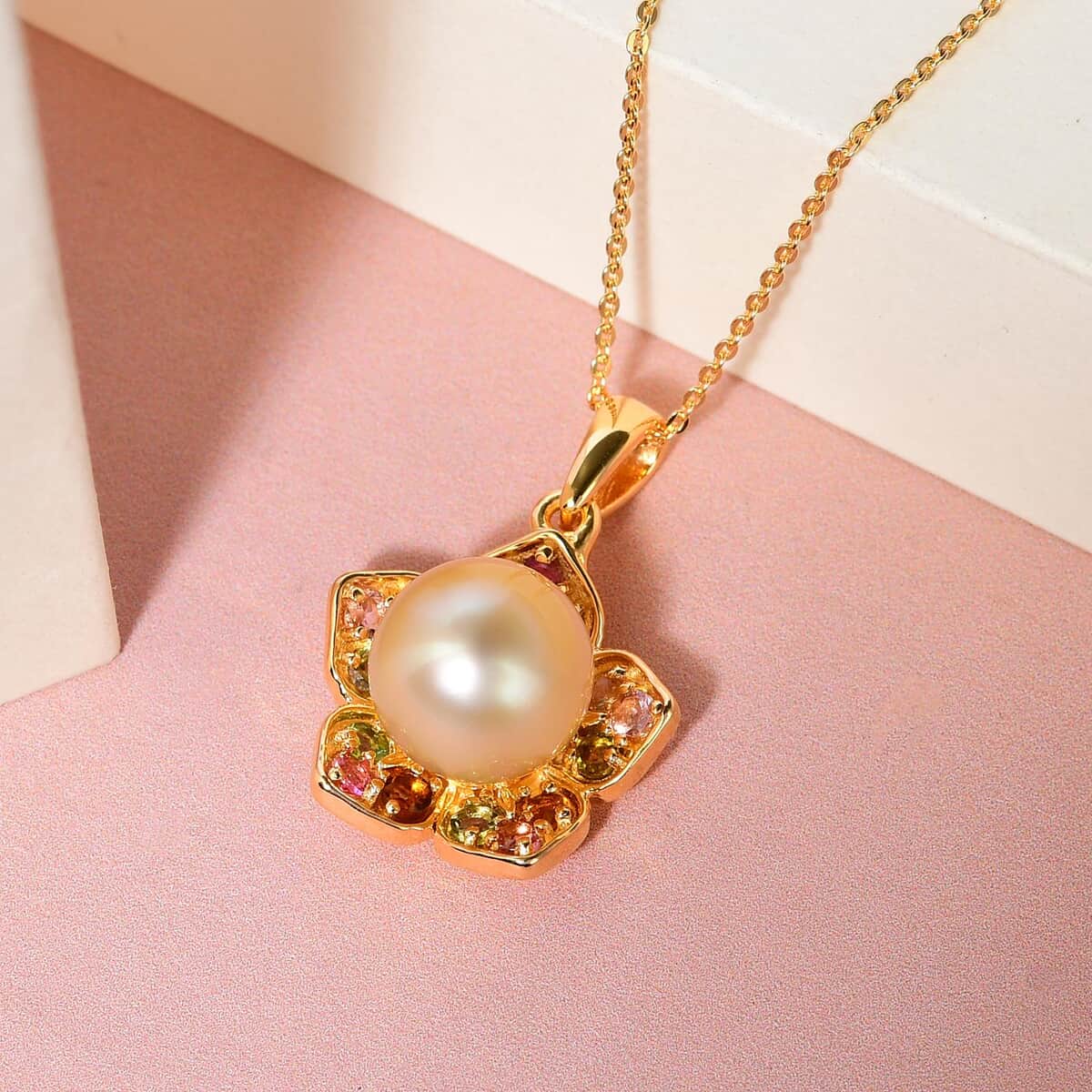 South Sea Pearl and Multi-Tourmaline Floral Pendant Necklace 20 Inches in Vermeil Yellow Gold Over Sterling Silver 0.75 ctw image number 1