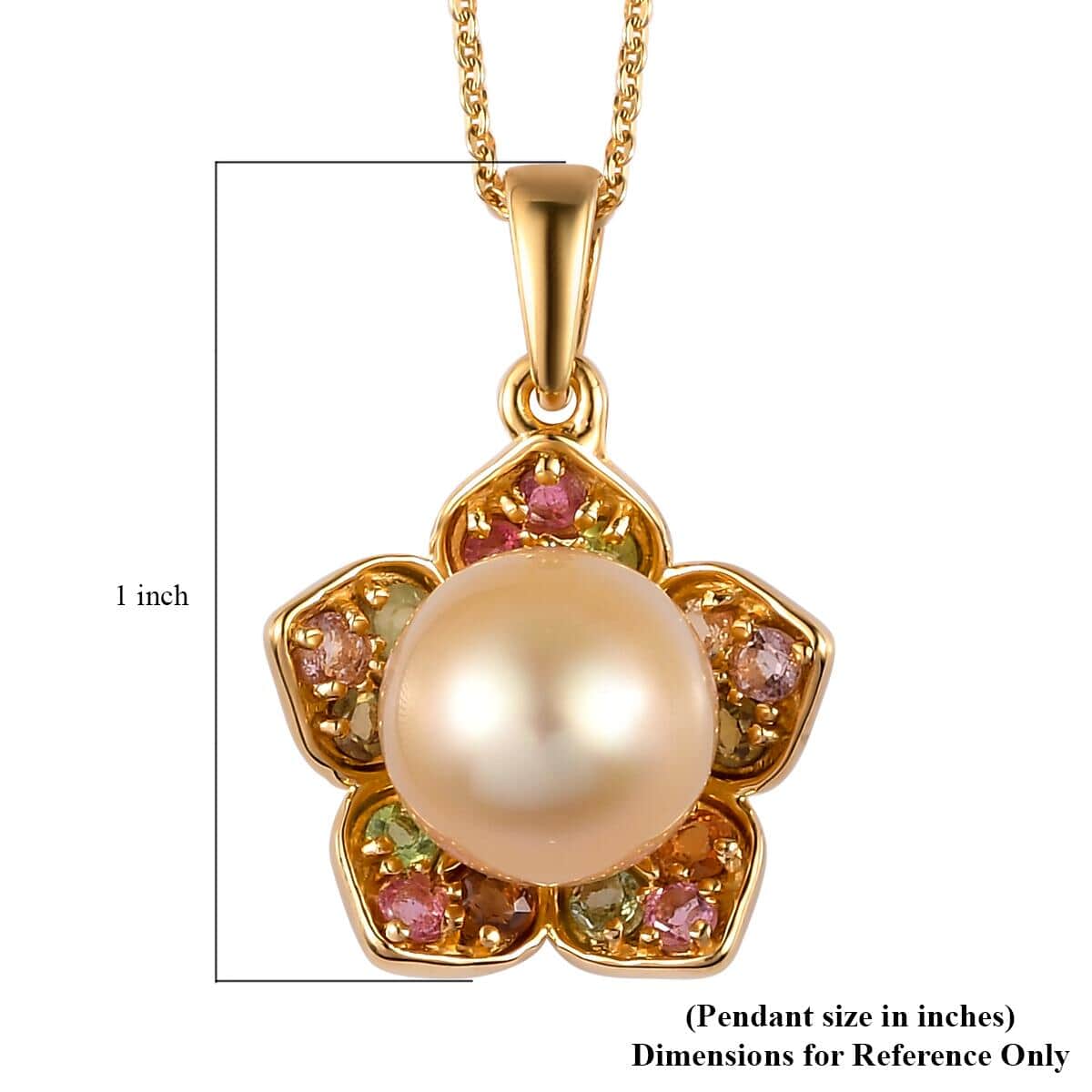 South Sea Pearl and Multi-Tourmaline Floral Pendant Necklace 20 Inches in Vermeil Yellow Gold Over Sterling Silver 0.75 ctw image number 6