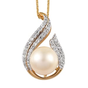 South Sea Pearl and White Zircon Pendant Necklace 20 Inches in Vermeil Yellow Gold Over Sterling Silver 0.65 ctw