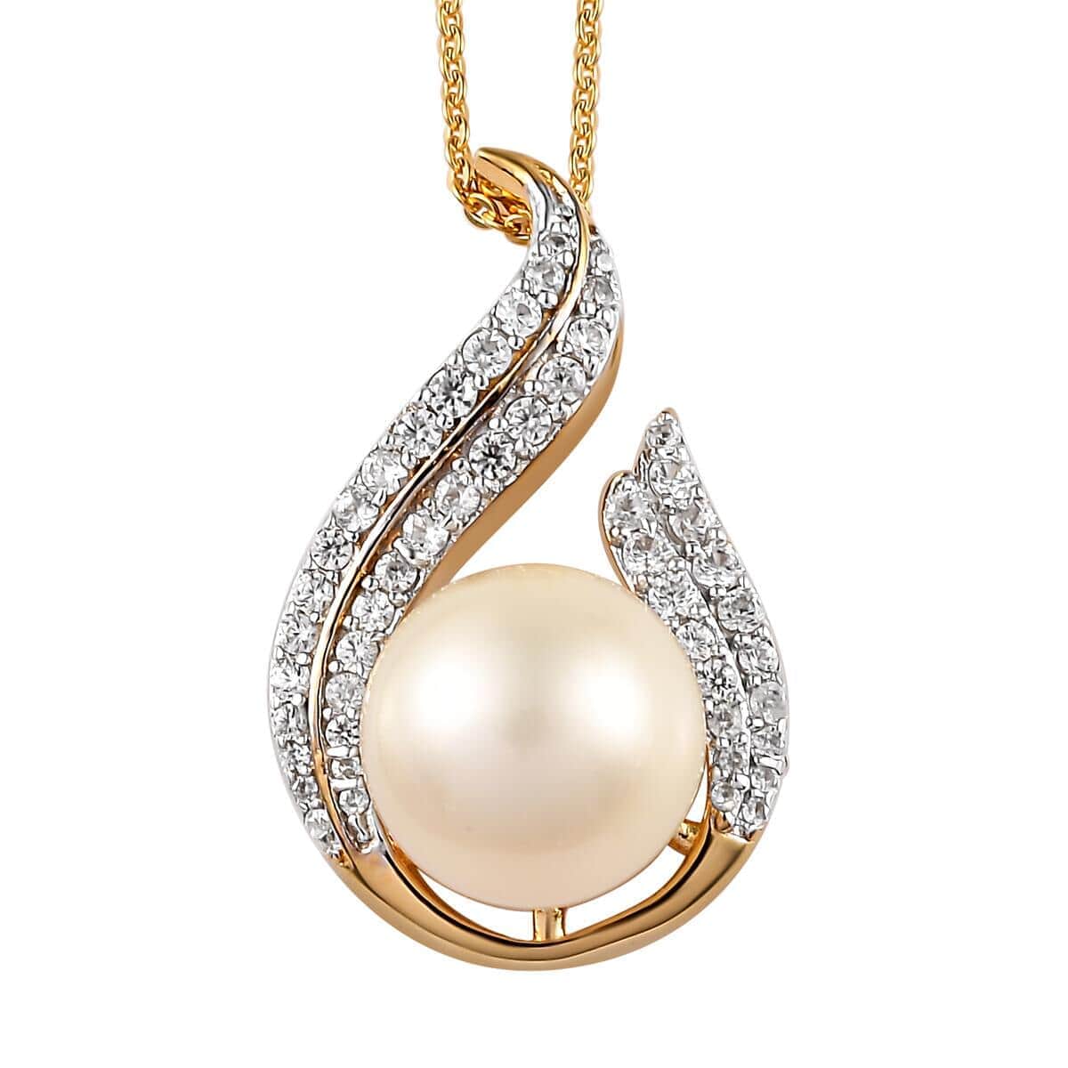 South Sea Pearl and White Zircon Pendant Necklace 20 Inches in Vermeil Yellow Gold Over Sterling Silver 0.65 ctw image number 0
