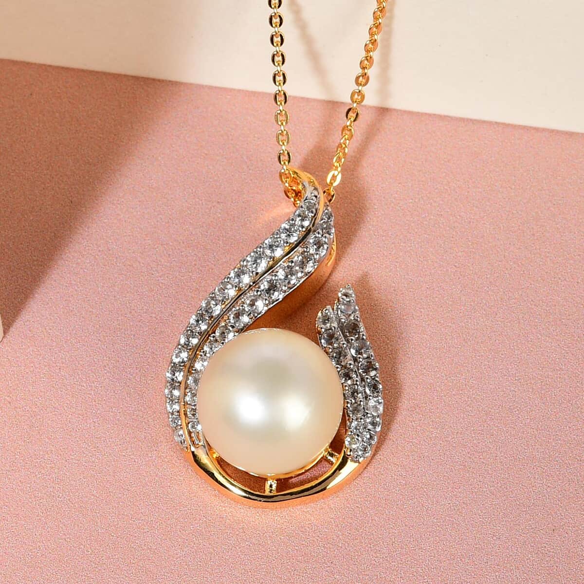South Sea Pearl and White Zircon Pendant Necklace 20 Inches in Vermeil Yellow Gold Over Sterling Silver 0.65 ctw image number 1