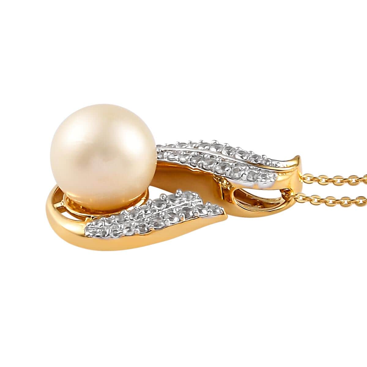 South Sea Pearl and White Zircon Pendant Necklace 20 Inches in Vermeil Yellow Gold Over Sterling Silver 0.65 ctw image number 3