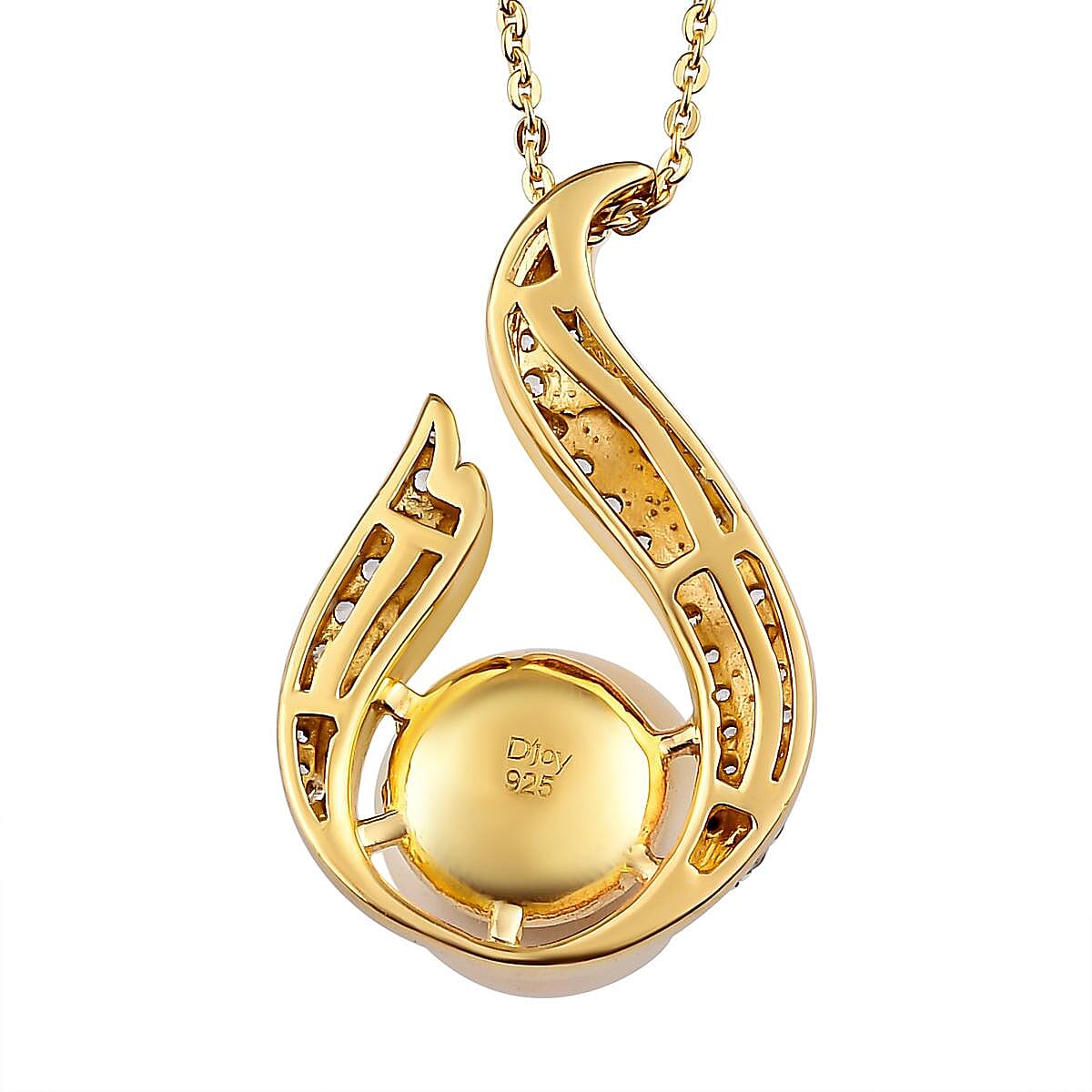 South Sea Pearl and White Zircon Pendant Necklace 20 Inches in Vermeil Yellow Gold Over Sterling Silver 0.65 ctw