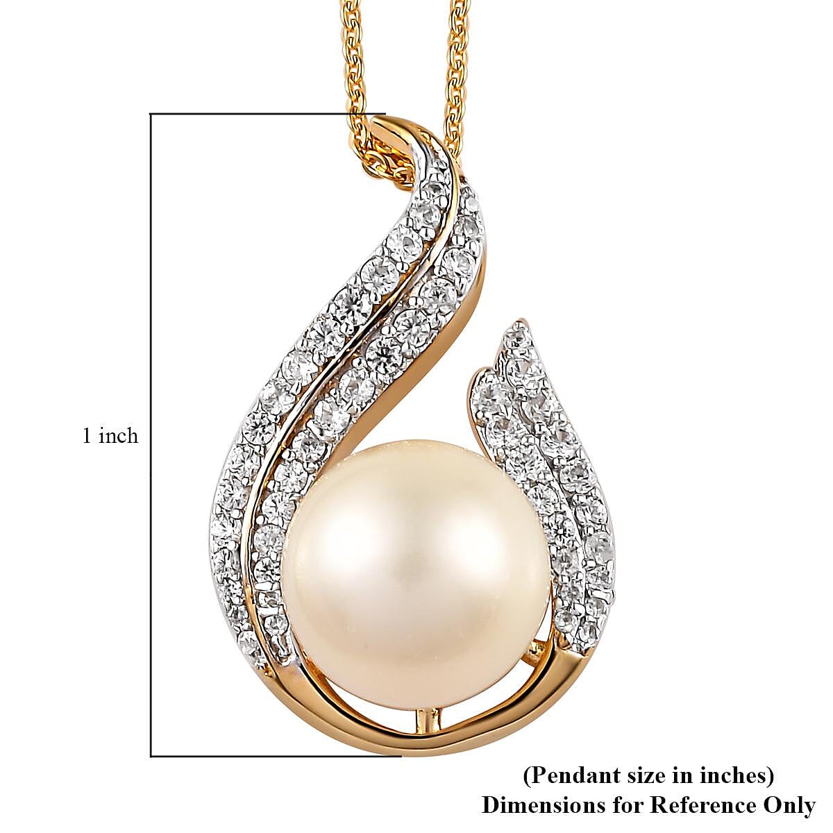 South Sea Pearl and White Zircon Pendant Necklace 20 Inches in Vermeil Yellow Gold Over Sterling Silver 0.65 ctw