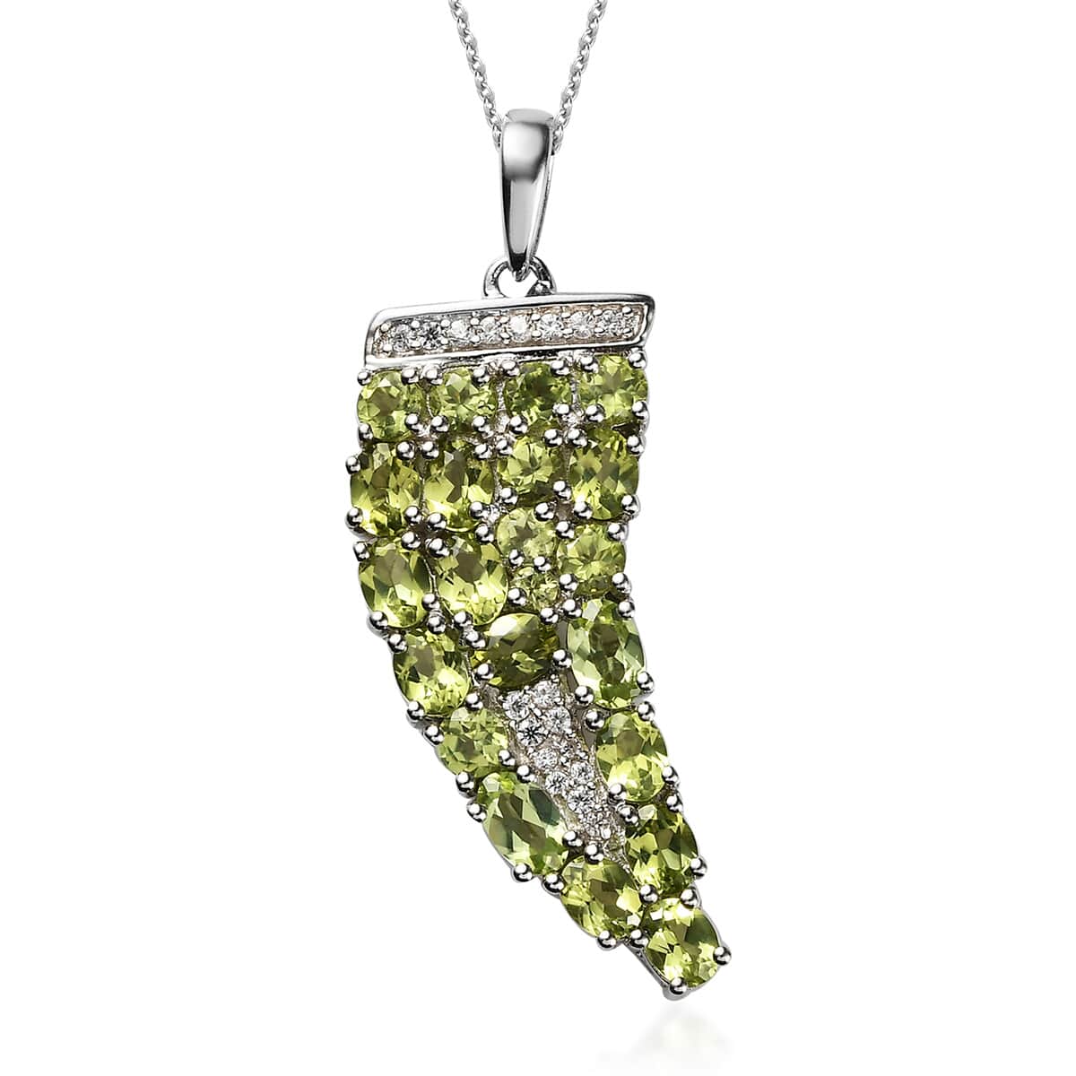 American Natural Arizona Peridot and Natural White Zircon Horn Shape Pendant Necklace 20In in Platinum Over Sterling Silver 3.75 ctw image number 0