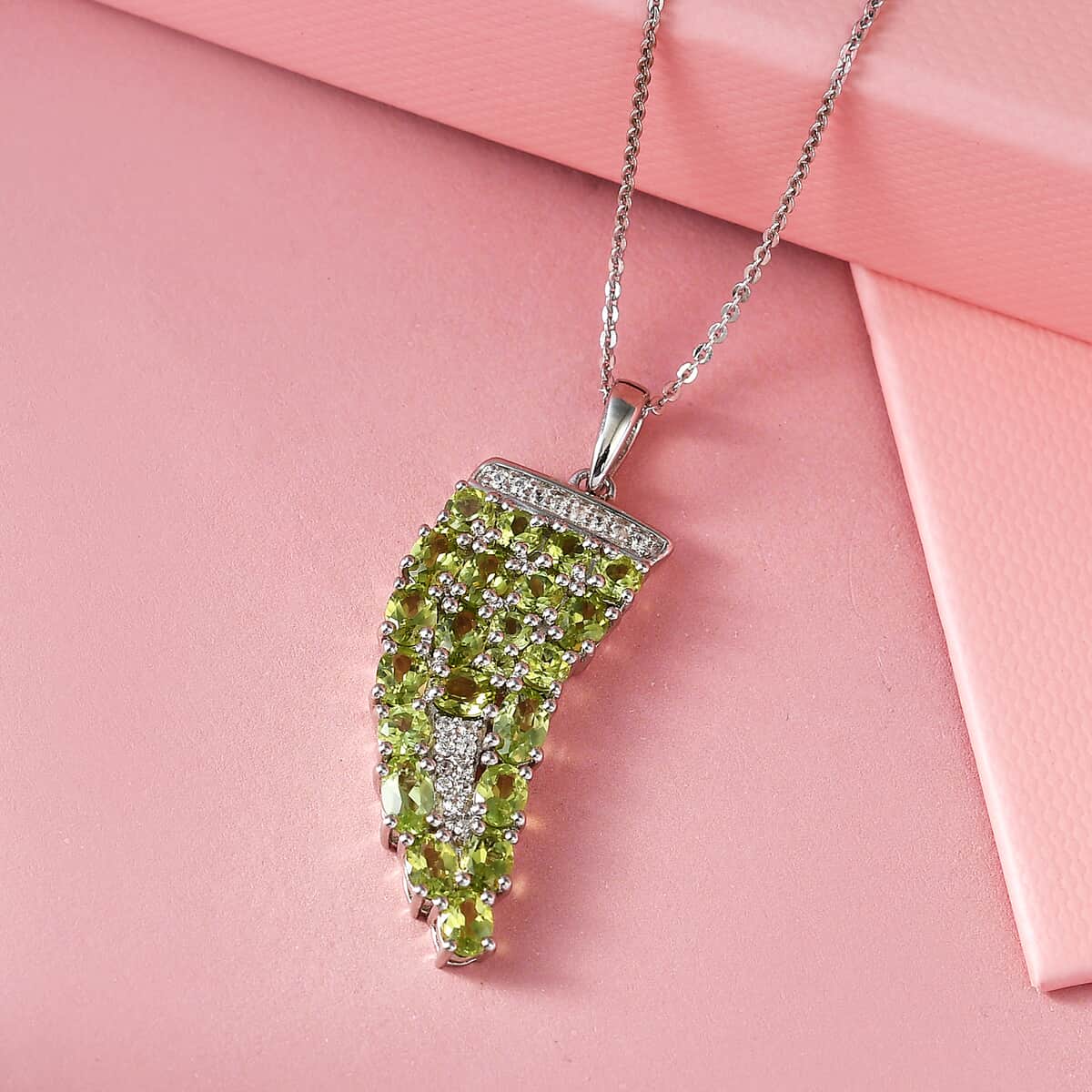 American Natural Arizona Peridot and Natural White Zircon Horn Shape Pendant Necklace 20In in Platinum Over Sterling Silver 3.75 ctw image number 1