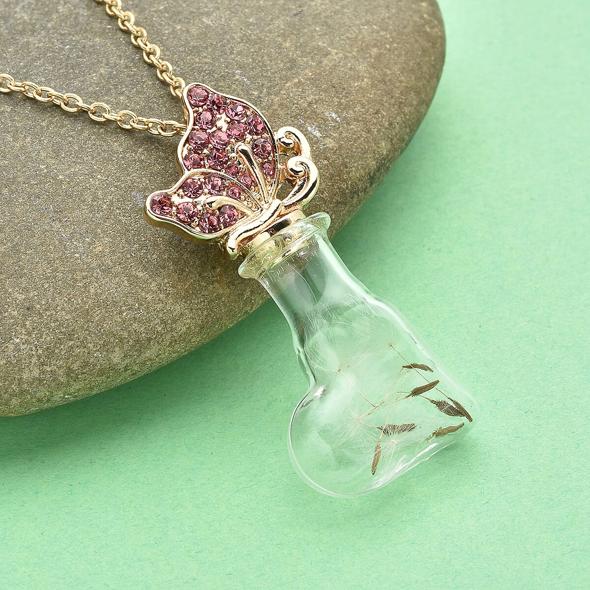 Pink Austrian Crystal and Glass Pot with Butterfly Pendant Necklace 24-26 Inches in Goldtone image number 1