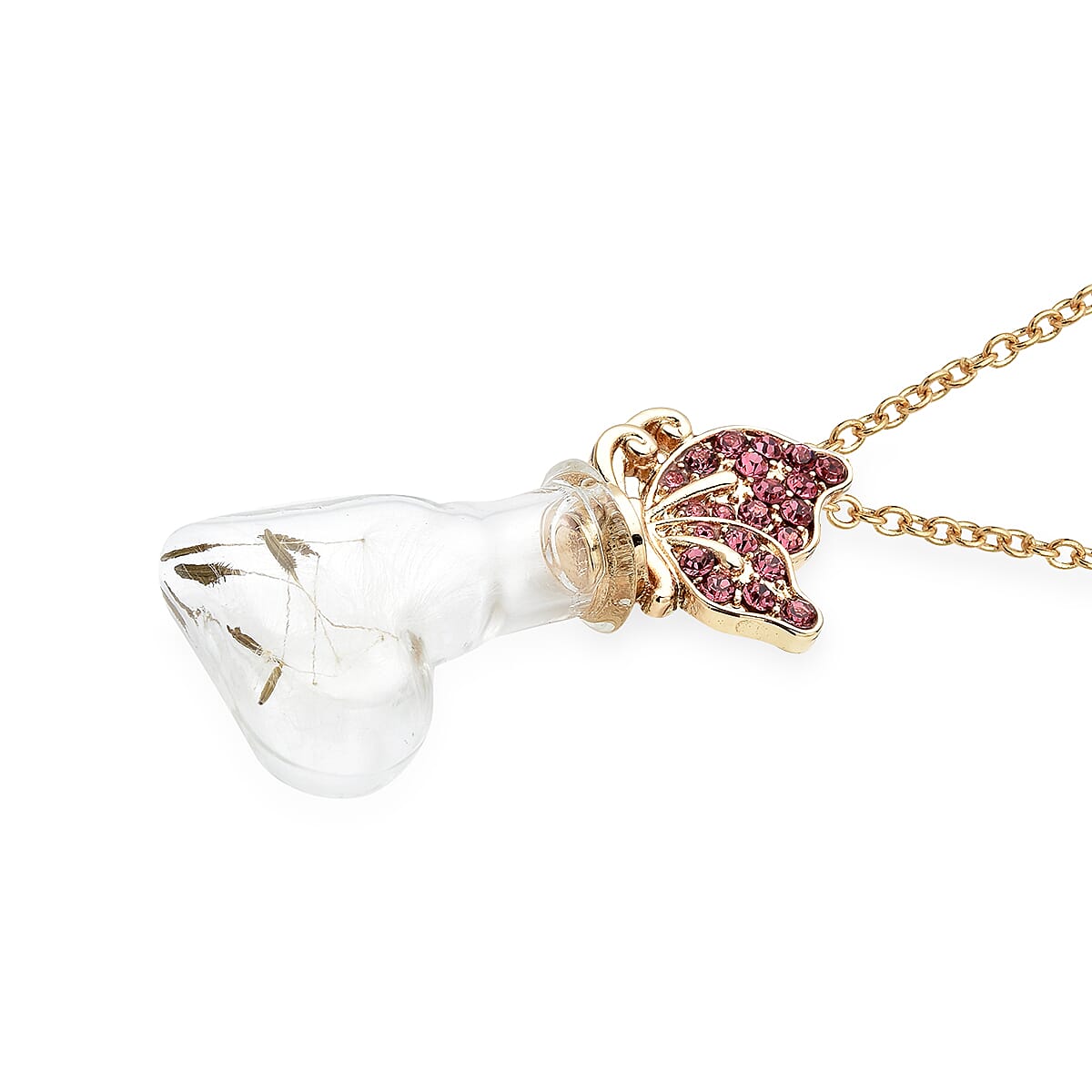 Pink Austrian Crystal and Glass Pot with Butterfly Pendant Necklace 24-26 Inches in Goldtone image number 3