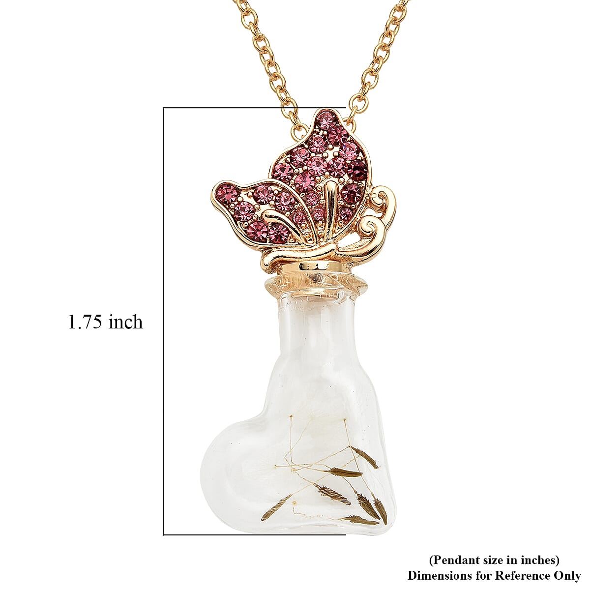 Pink Austrian Crystal and Glass Pot with Butterfly Pendant Necklace 24-26 Inches in Goldtone