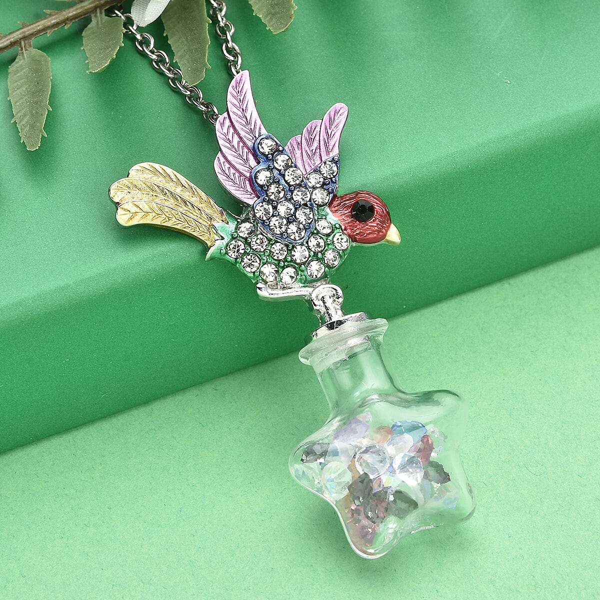 Multi Color Austrian Crystal and Enameled Sparrow Bird Pendant Necklace 24-26 Inches in Silvertone and Stainless Steel image number 1