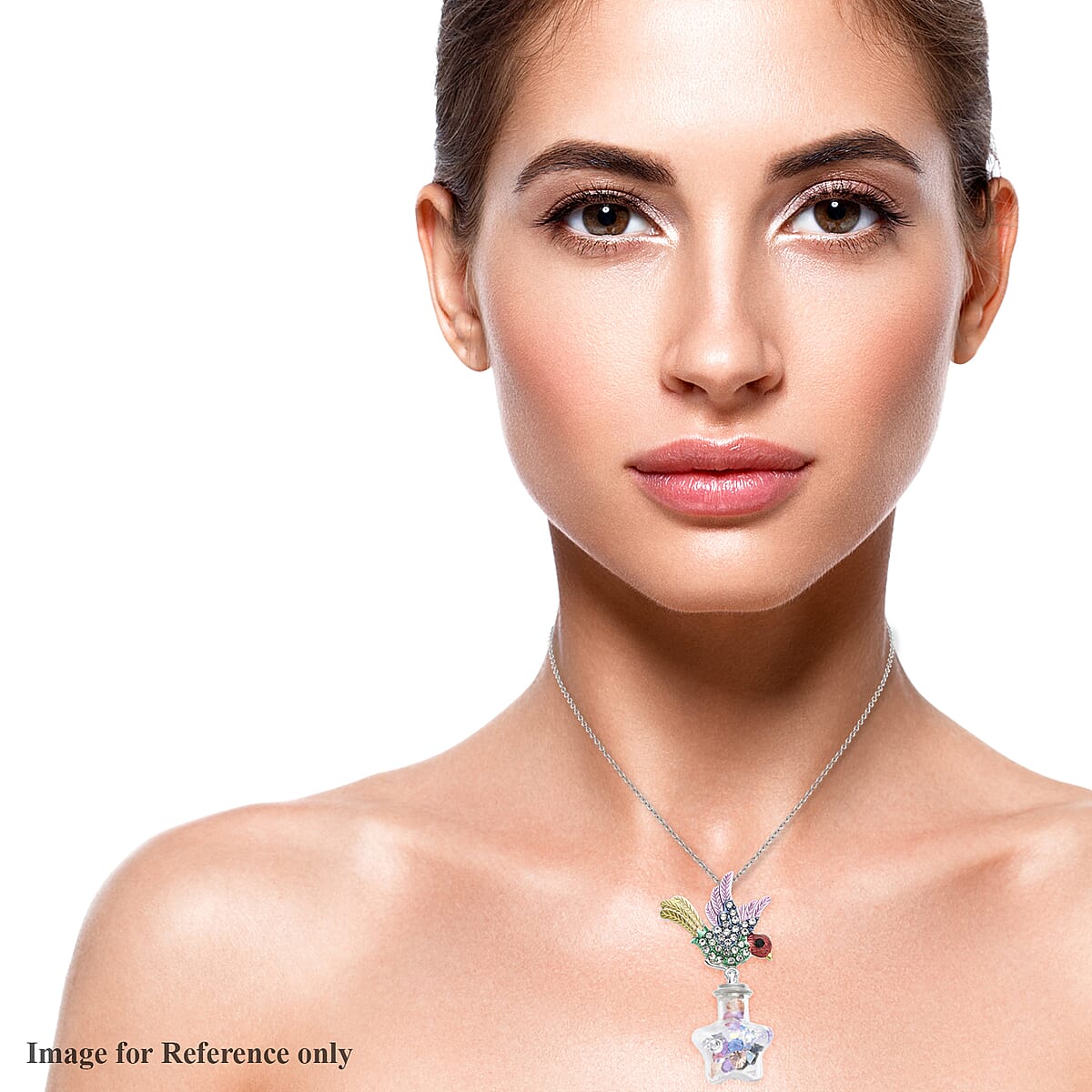 Multi Color Austrian Crystal and Enameled Sparrow Bird Pendant Necklace 24-26 Inches in Silvertone and Stainless Steel image number 2