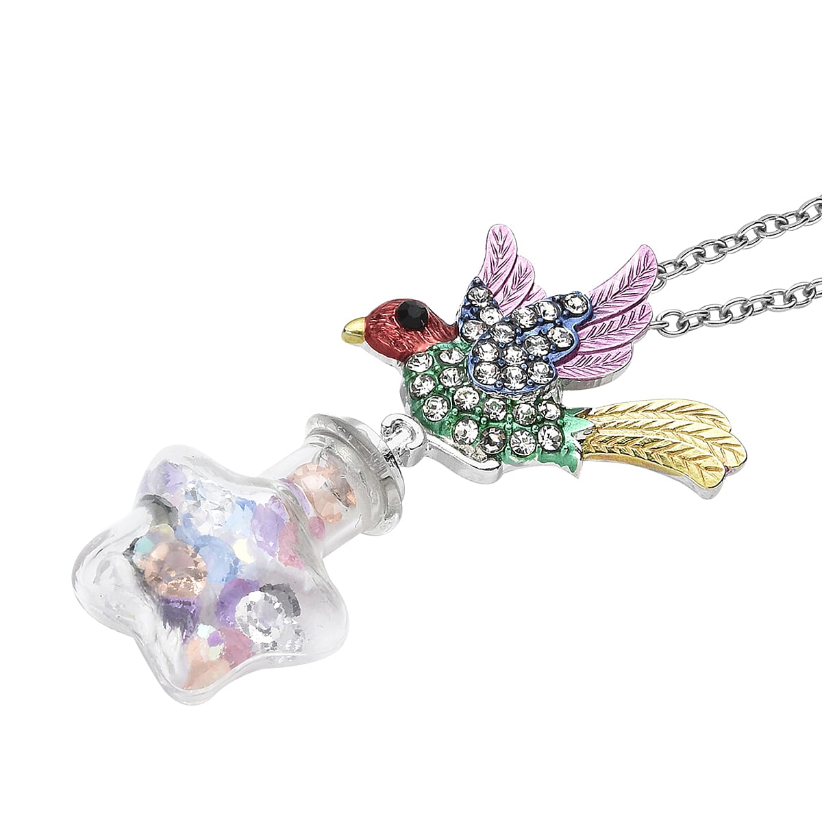 Multi Color Austrian Crystal and Enameled Sparrow Bird Pendant Necklace 24-26 Inches in Silvertone and Stainless Steel image number 3