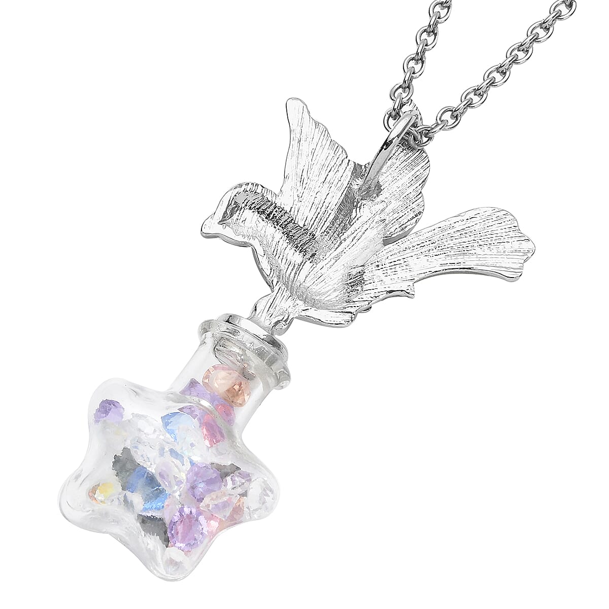 Multi Color Austrian Crystal and Enameled Sparrow Bird Pendant Necklace 24-26 Inches in Silvertone and Stainless Steel image number 4