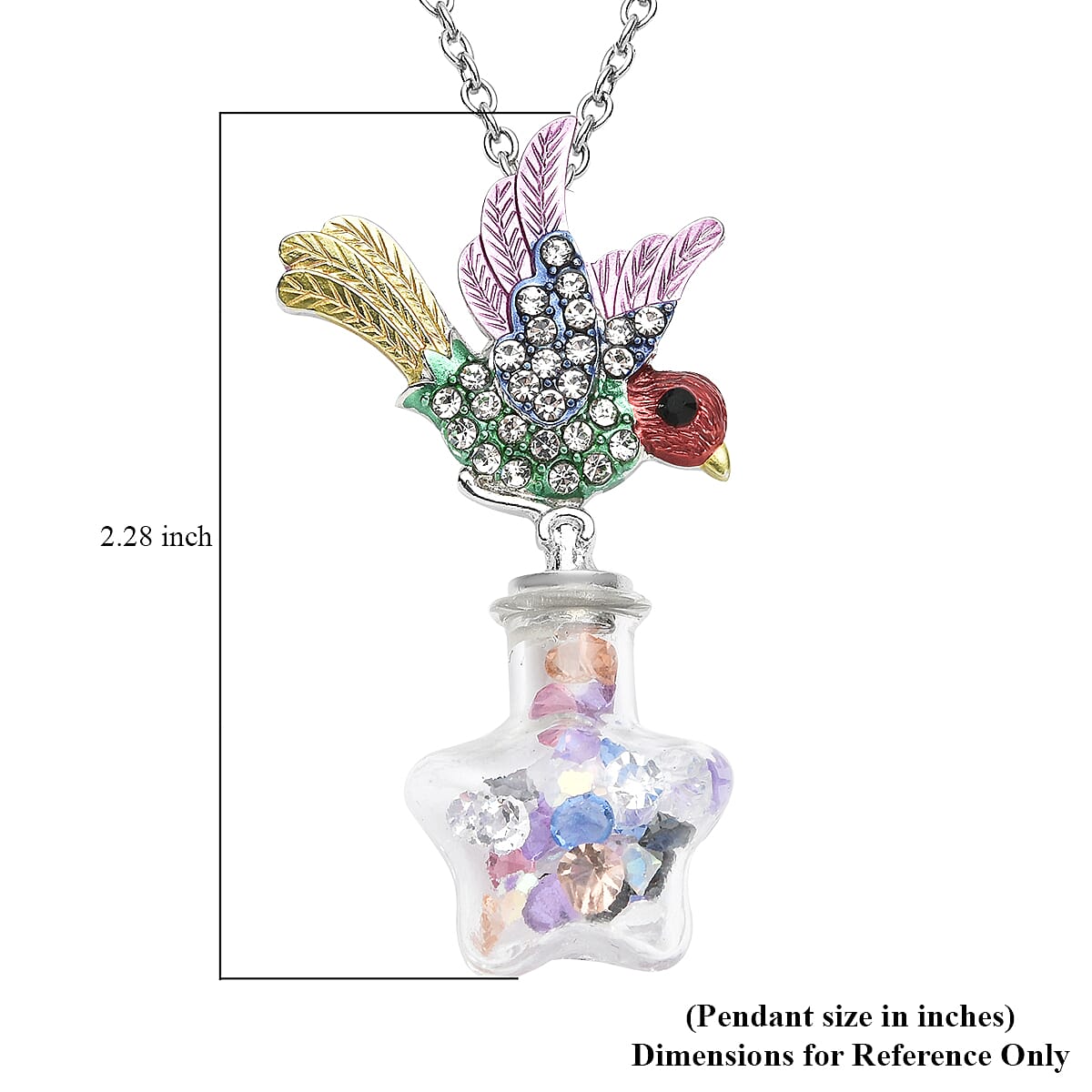 Multi Color Austrian Crystal and Enameled Sparrow Bird Pendant Necklace 24-26 Inches in Silvertone and Stainless Steel image number 5
