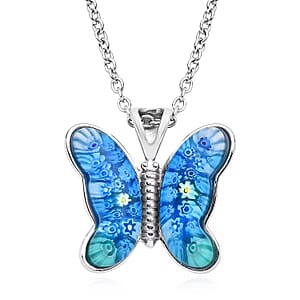 Blue Murano Style Butterfly Necklace in Stainless Steel 24 Inches