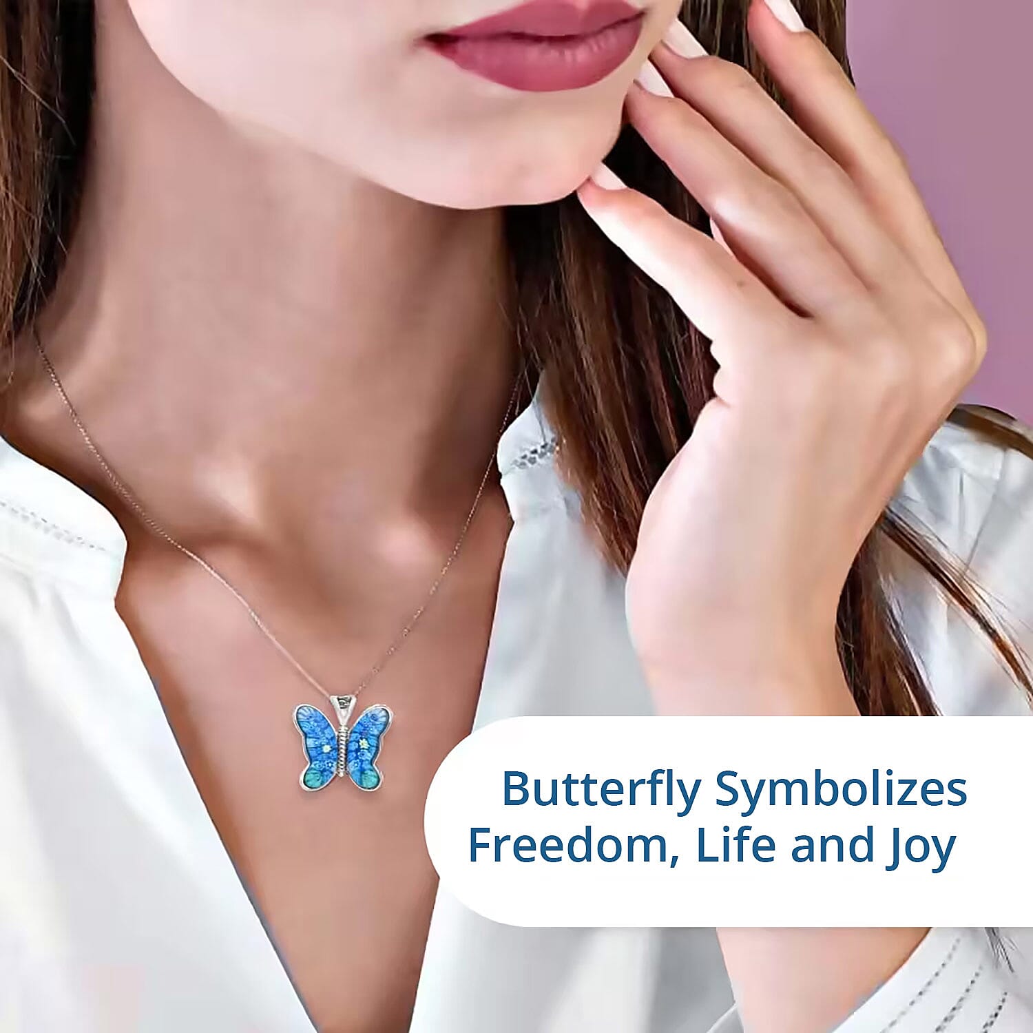 Blue Murano Style Butterfly Necklace in Stainless Steel 24 Inches
